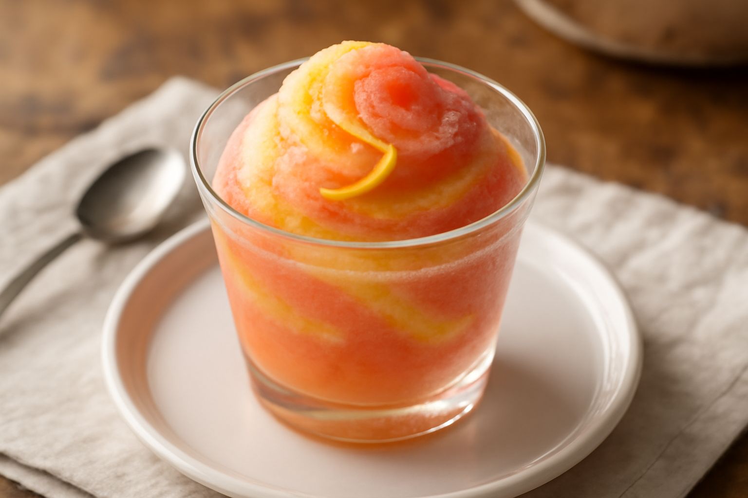 Sorbetto di agrumi misti in coppa di vetro trasparente con tre cucchiai di colore diverso, sfumature arancione, giallo e rosa, guarnito con una fettina sottile di limone e una foglia di menta fresca
