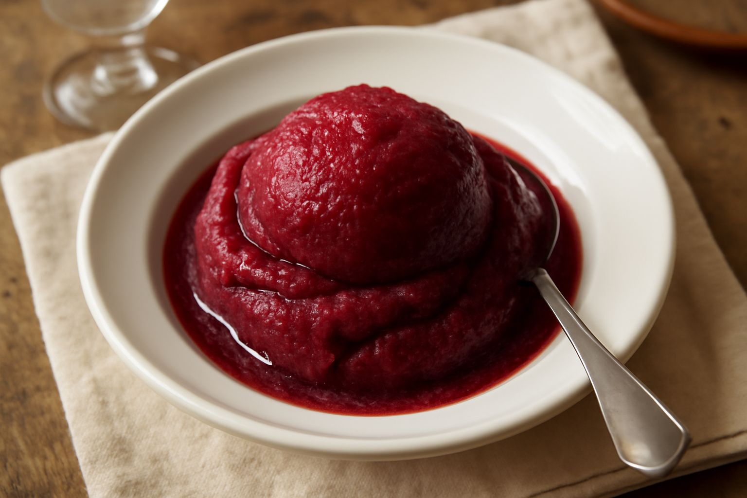 Una coppa di vetro trasparente piena di sorbetto di amarena rosso scuro, quasi violaceo, con cristalli di ghiaccio visibili in superficie, guarnita con tre amarene fresche e una foglia di menta verde 