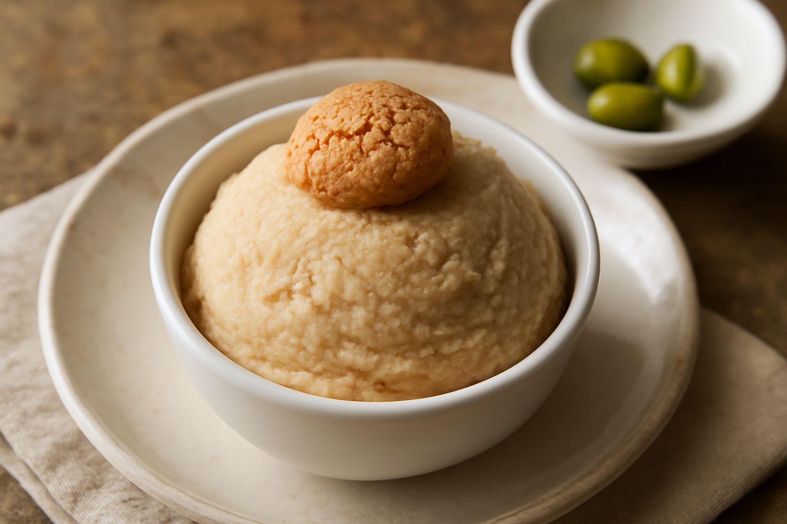 Coppetta di sorbetto di amaretto beige con riflessi chiari, guarnita con un biscotto amaretto spezzato, servito in coppetta di vetro trasparente su sfondo bianco con gocce di acqua fresca attorno