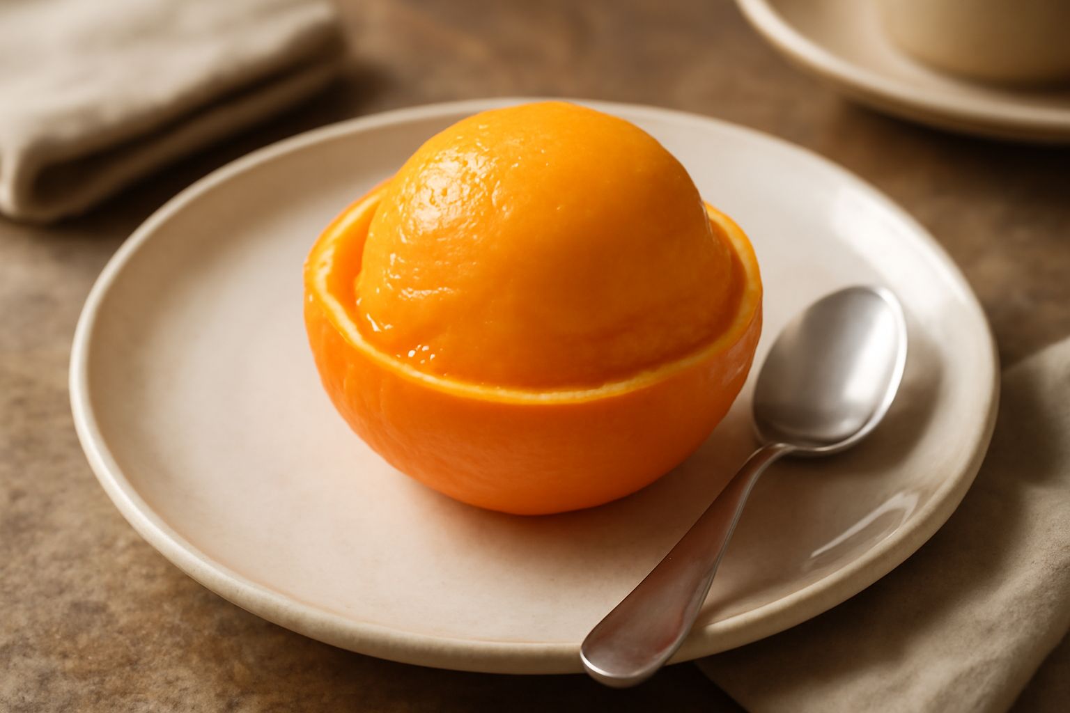 Sorbetto di arancia color arancio intenso servito in coppetta di vetro trasparente con una pallina compatta e liscia, decorata con una sottile fetta d'arancia fresca sul bordo e un cucchiaio piccolo a