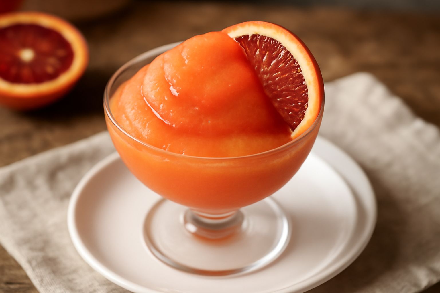 Sorbetto di arancia rossa in coppa di vetro trasparente, colore arancio intenso e brillante, superficie cremosa e levigata, con una fettina d'arancia rossa come guarnizione sul bordo della coppa, sfon