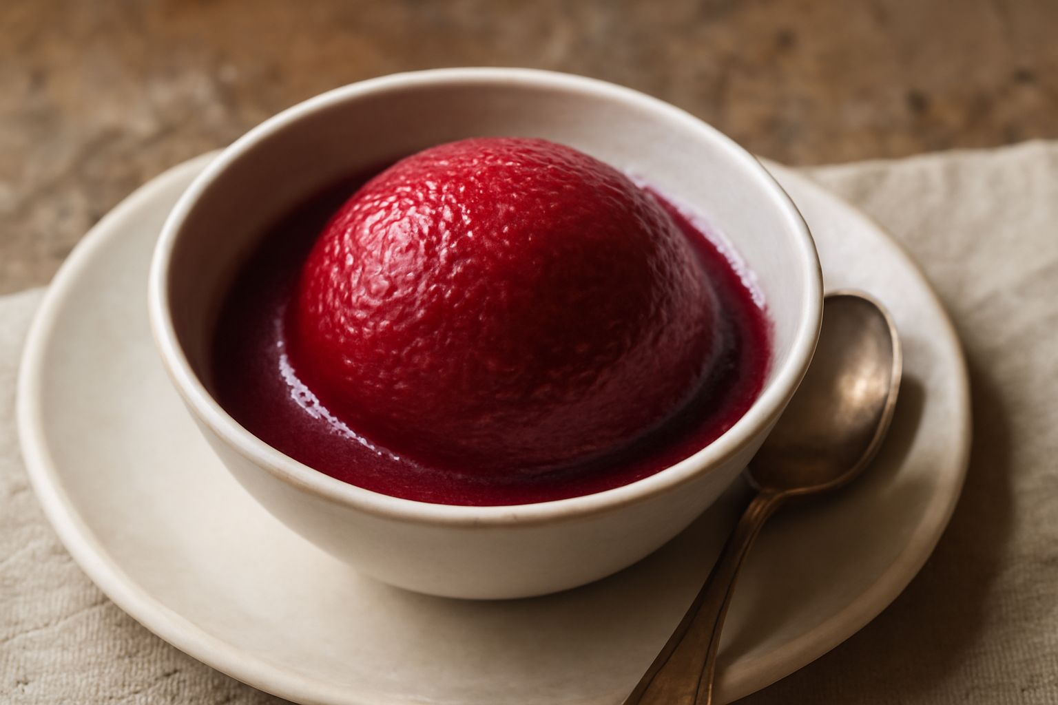 Sorbetto di barbera rosso intenso servito in una coppetta di vetro trasparente, guarnito con una fogliolina di menta fresca e una sottile fetta di limone, su un tavolo bianco con il vino rosso sullo s