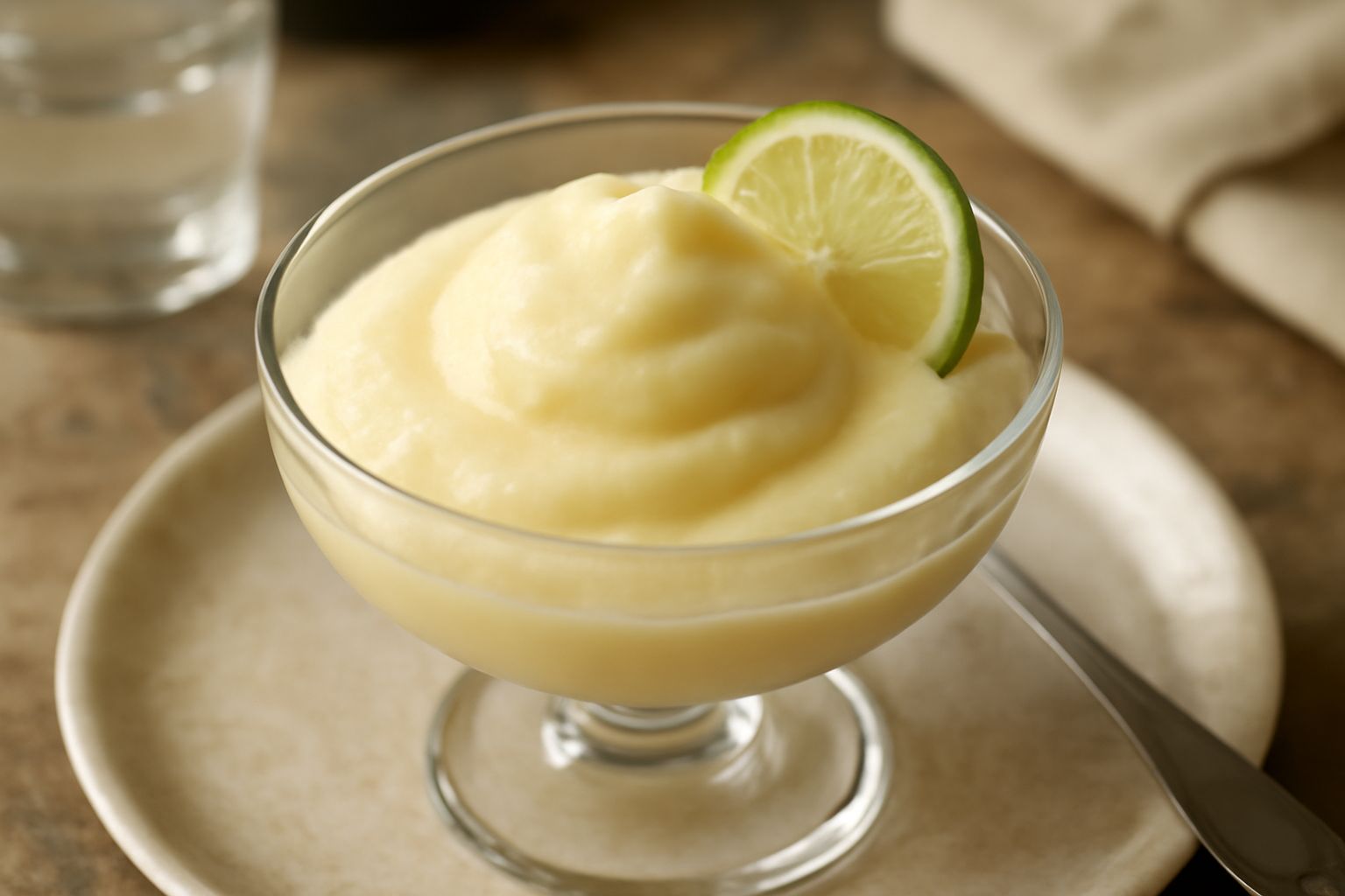 Sorbetto giallo pallido e cremoso servito in una coppa di vetro trasparente, guarnito con una fetta di bergamotto fresco e una foglia di menta, sfondo bianco luminoso