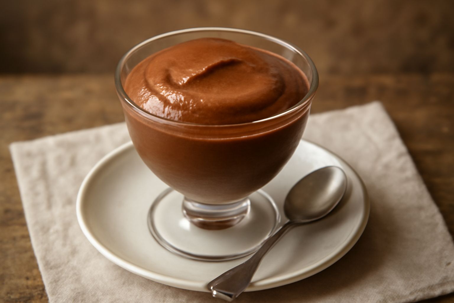 Coppetta di vetro con sorbetto di caffè color marrone scuro, servito con un cucchiaio, accompagnato da chicchi di caffè sparsi e una tazza di espresso sfocata sullo sfondo
