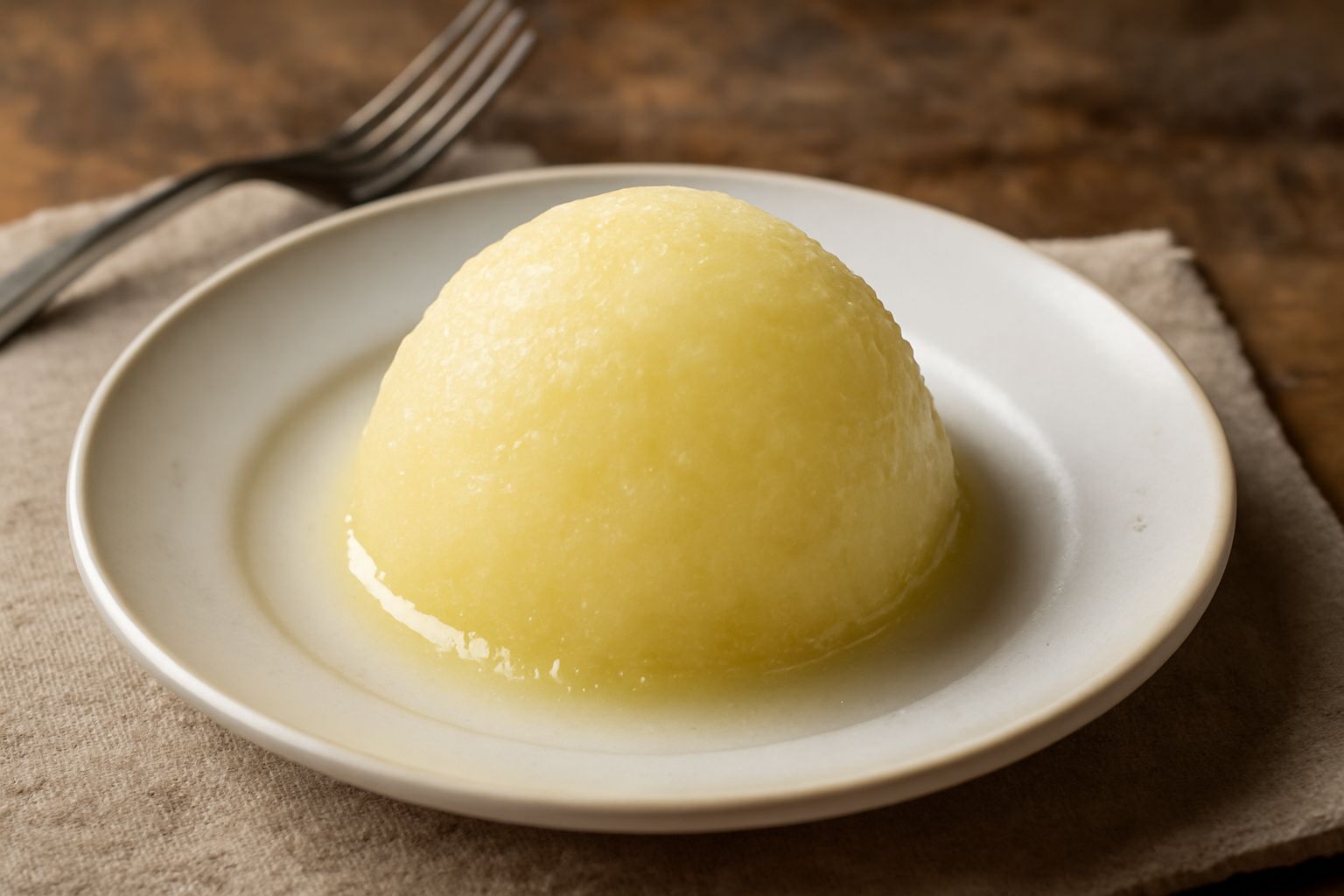 Sorbetto di cedrata di colore giallo paglierino cremoso in coppetta di vetro trasparente, guarnito con una fettina sottile di cedrata fresca e una foglia di menta, servito su tavolo bianco con tovagli