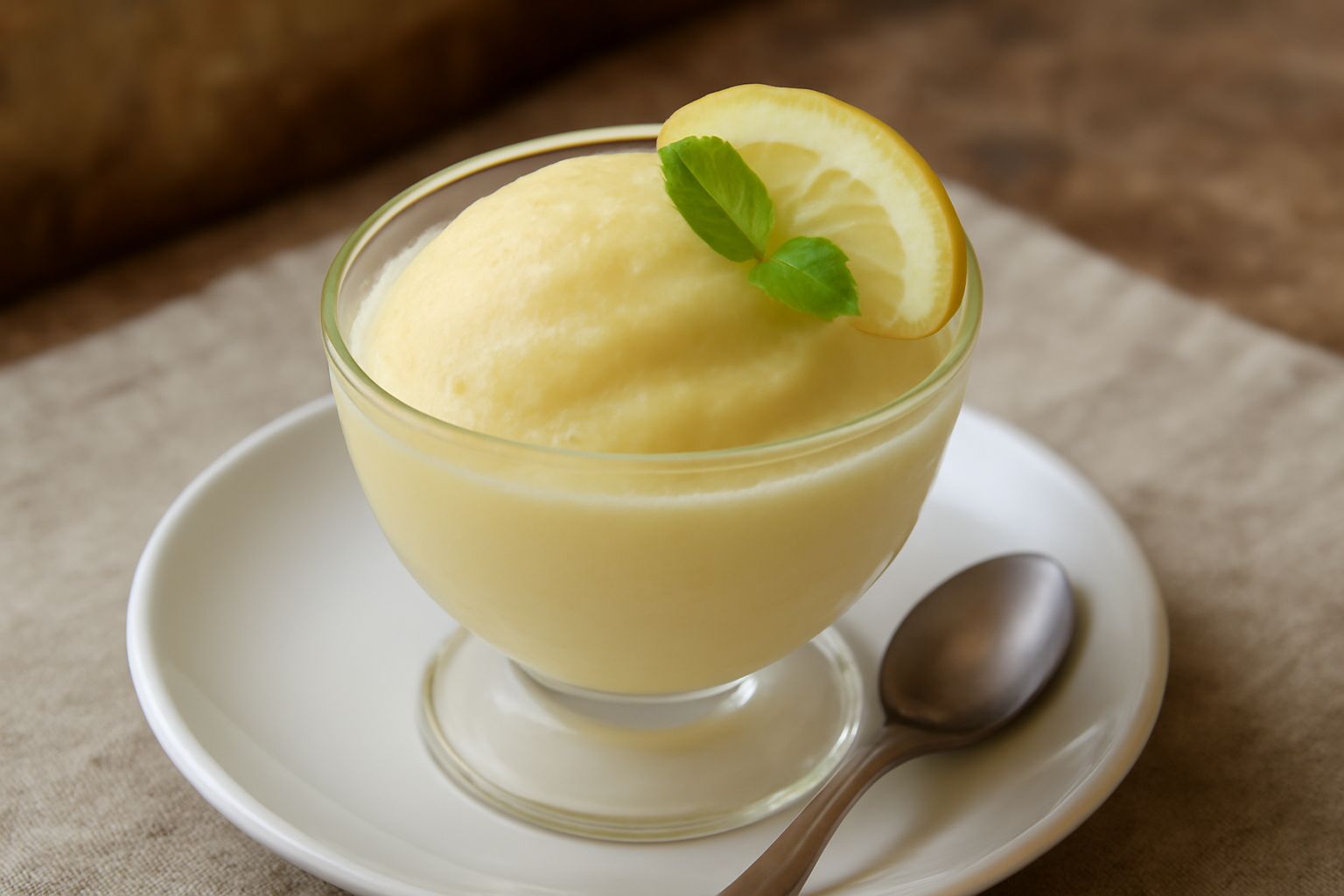 Coppa di sorbetto di cedro color giallo tenue, cremoso, guarnito con una fetta sottile di cedro fresco e foglia di menta su piatto bianco