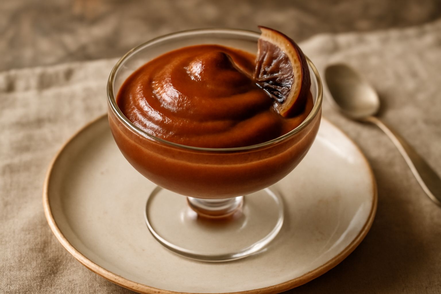 Sorbetto di chinotto in una coppa di vetro, colore scuro ambrato, consistenza cremosa e liscia, guarnito con una buccia di chinotto candita e una fogliolina di menta fresca. Sfondo bianco.