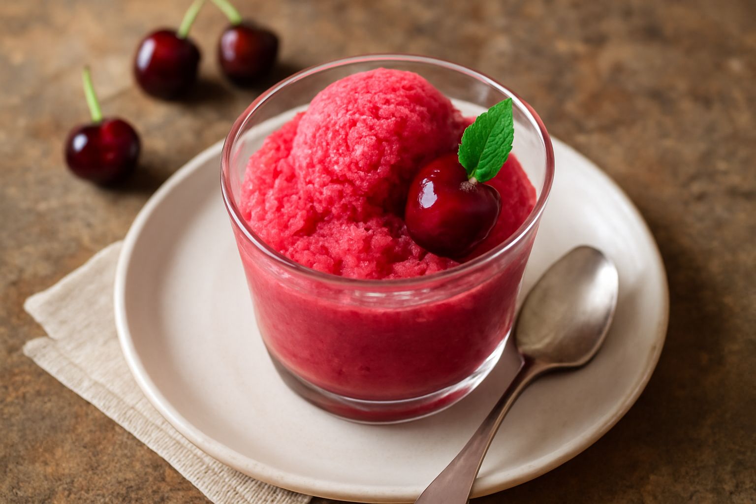 Sorbetto di ciliegia di colore rosa intenso servito in una coppetta di vetro, decorato con una ciliegia fresca rossa sulla sommità, circondata da cristalli di ghiaccio visibili sulla superficie