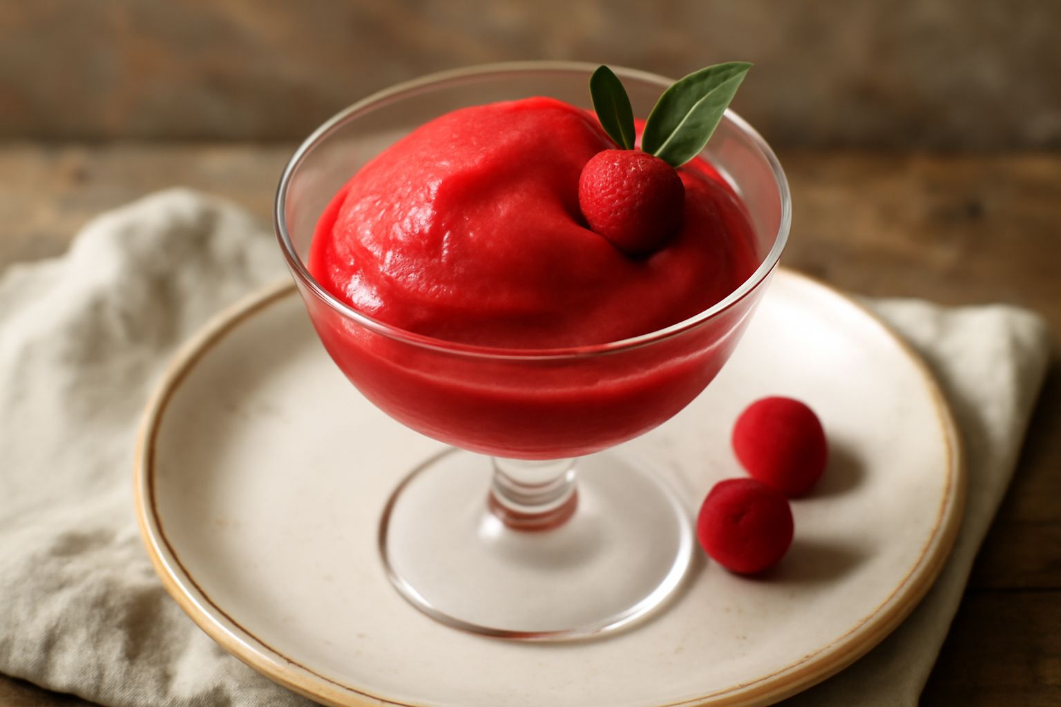 Sorbetto di corbezzolo color rosso intenso, servito in coppa di vetro trasparente, guarnito con un ramo di corbezzolo con foglie verdi e frutti rossi, cucchiaio da gelato in acciaio, fondo bianco