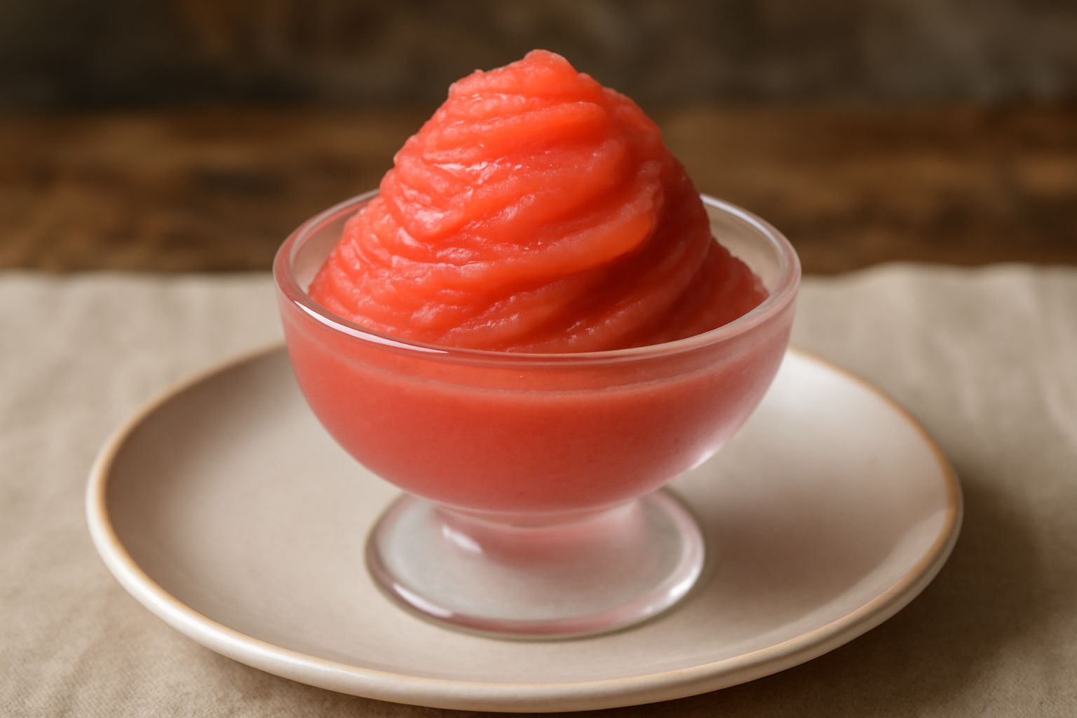 Sorbetto di fico d'india di colore rosa corallo in coppetta di vetro trasparente, guarnito con una fogliolina di menta fresca e mezzo fico d'india accanto, con cristalli di ghiaccio visibili sulla sup