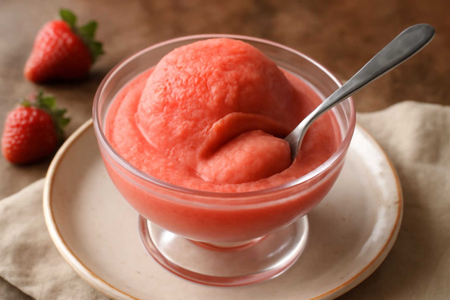 Sorbetto di fragola di colore rosa acceso, servito in una coppa di vetro trasparente con una fragola fresca come guarnizione, con cucchiaio di acciaio sul tavolo e una bottiglia d'acqua sfocata sullo 