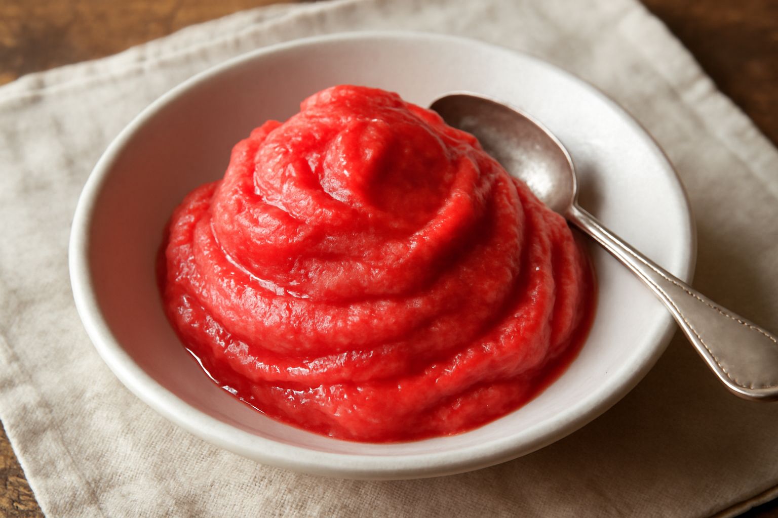 Sorbetto di fragola di bosco in coppetta di vetro trasparente, di colore rosa intenso, servito con un cucchiaio di legno, guarnito con una foglia di menta fresca e una fragola intera. Sfondo bianco.