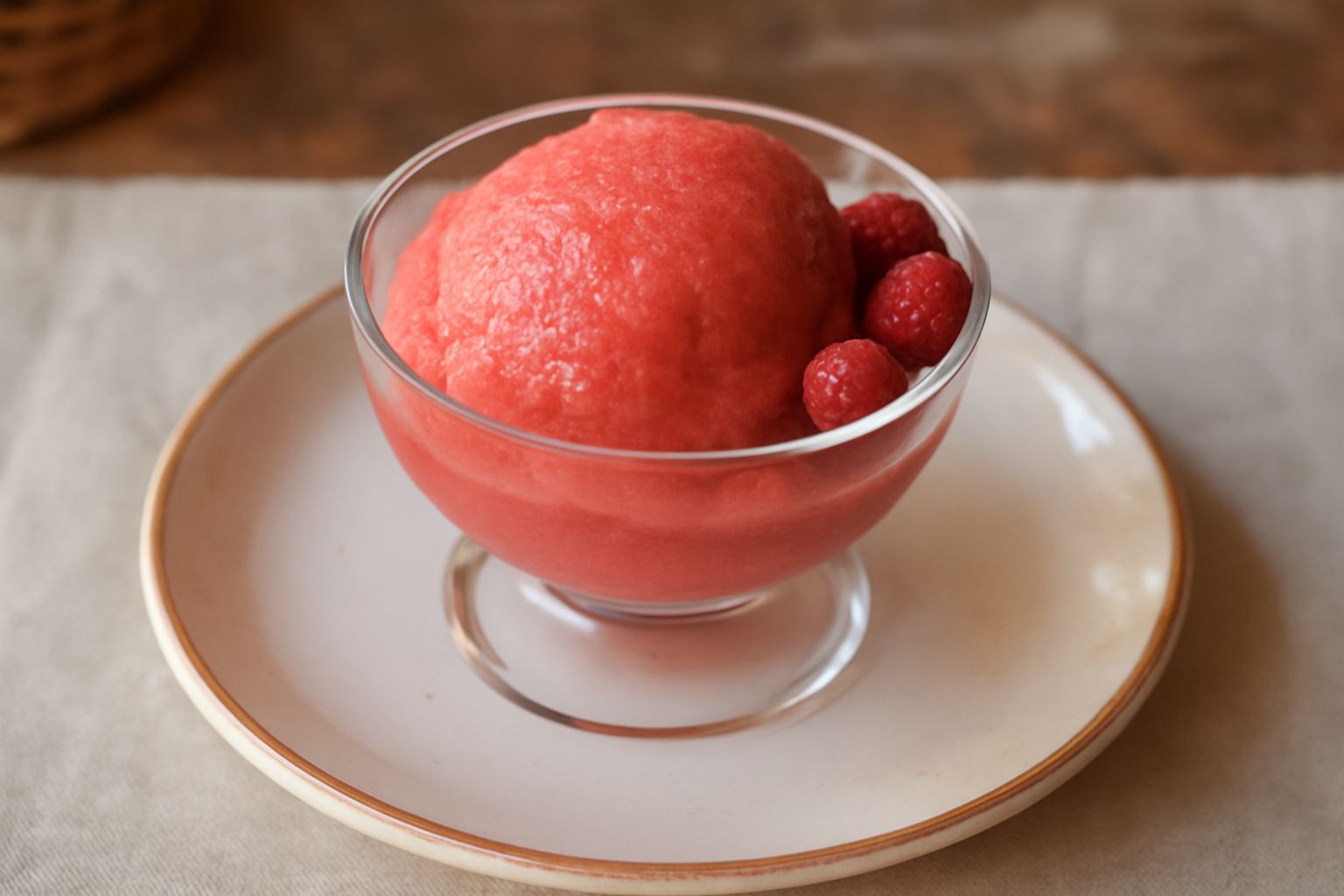 Sorbetto di fragola selvatica di color rosa intenso servito in coppetta di vetro trasparente, con tre fragoline fresche piccole sul bordo e un cucchiaio di legno accanto, sfondo bianco neutro.