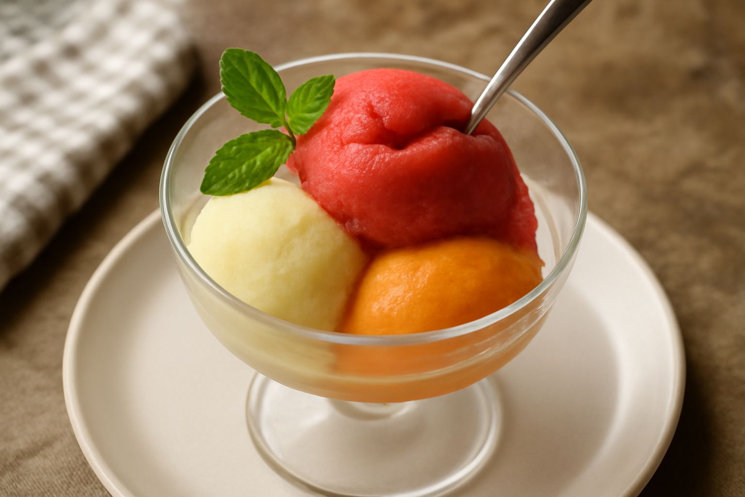 Coppa di sorbetto di fragola rosso intenso con ricciolo di frutta fresca sulla spalla, cucchiaino infilato nel gelato, sfondo bianco neutro