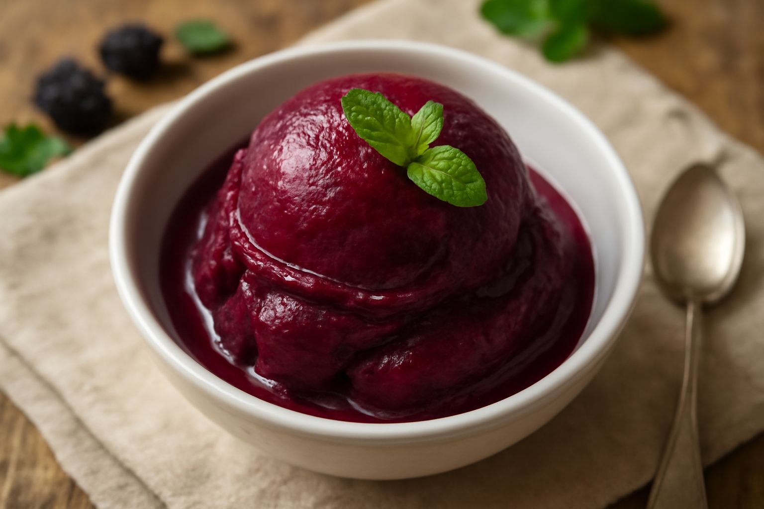 Sorbetto di gelso di colore porpora intenso servito in una coppetta di vetro, con superficie liscia e cremosa, guarnito con una fogliolina di menta fresca e qualche bacca di gelso scuro intorno