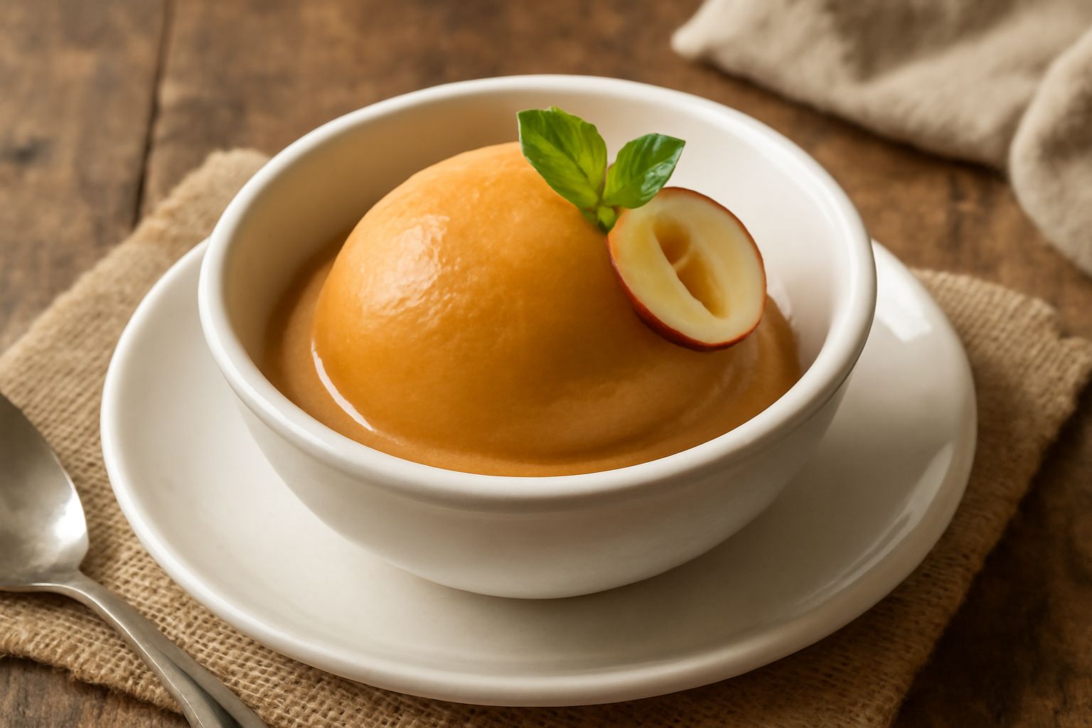 Coppetta di vetro trasparente con sorbetto di giuggiola color ambra, superficie liscia e cremosa, guarnito con foglia di menta fresca su piatto bianco