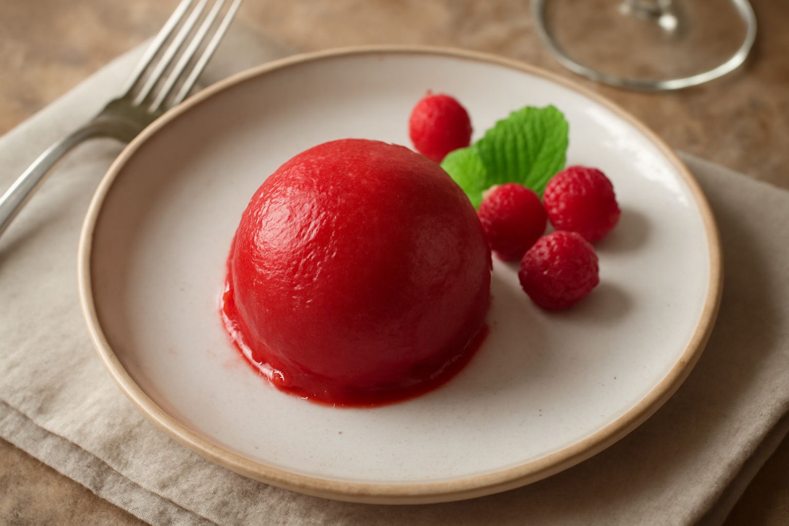 Sorbetto di lampone rosso acceso servito in una coppetta di vetro trasparente, con una pallina tonda e compatta, guarnito con due frutti di lampone freschi sulla sommità e fondo bianco