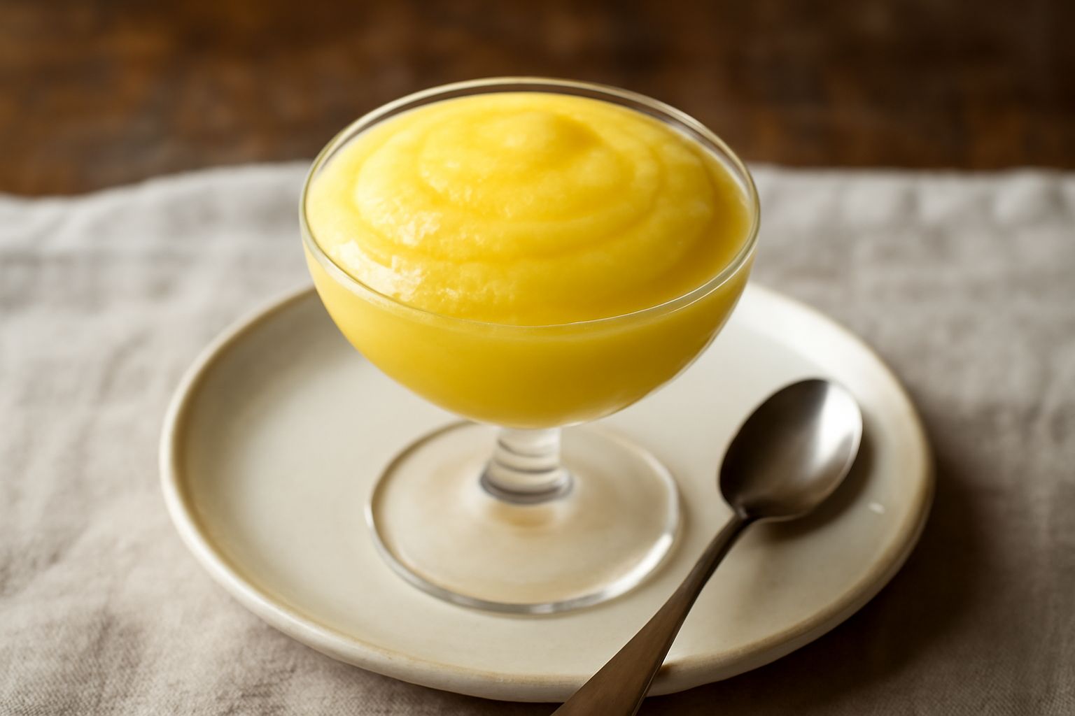 Coppetta di sorbetto di limoncello giallo pallido, cremoso e denso, con piccole scaglie di ghiaccio sulla superficie, servito in bicchiere frosted con cucchiaino da gelato