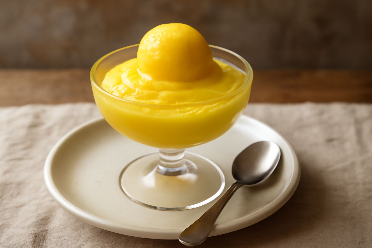 Sorbetto di limone di colore giallo paglierino servito in una coppa di vetro trasparente, con una pallina tonda e liscia, guarnito da una fettina sottile di limone fresco sulla spalla e alcuni cristal