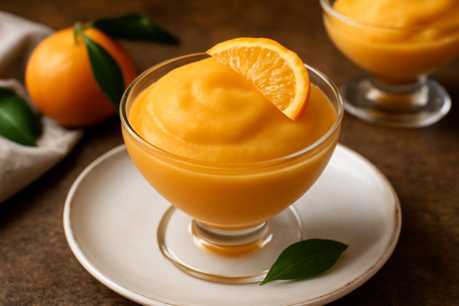 Coppa di sorbetto di mandarancia di colore arancio brillante, servito in bicchiere trasparente, con una fetta di mandarancia fresca come guarnizione e cucchiaio gelato a lato