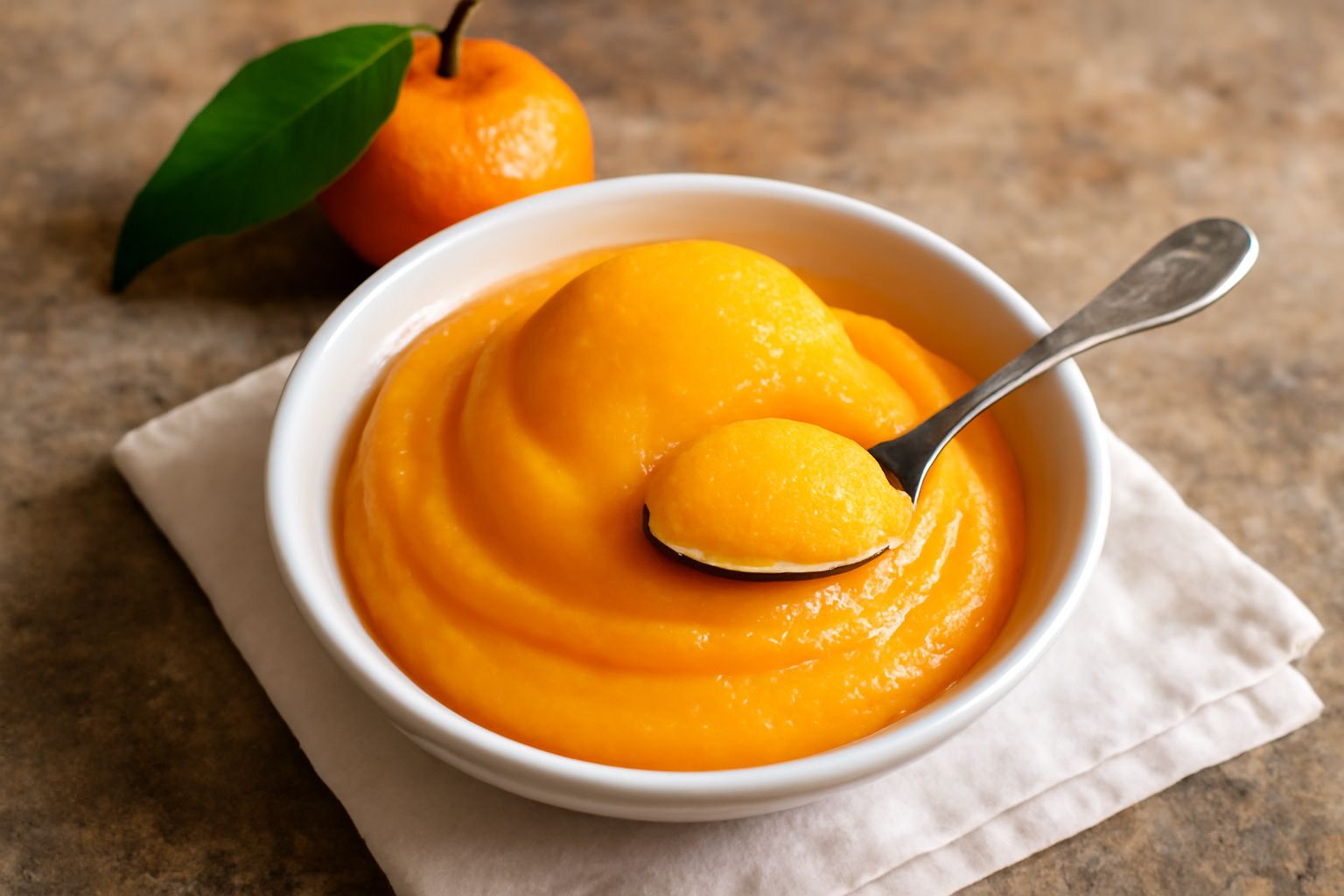 Ciotola di vetro trasparente con sorbetto di mandarino color arancio intenso, tre cucchiaiate di gelato, superficie levigata e lucida, contornato da mezzo mandarino sbucciato e zucchero cristallizzato