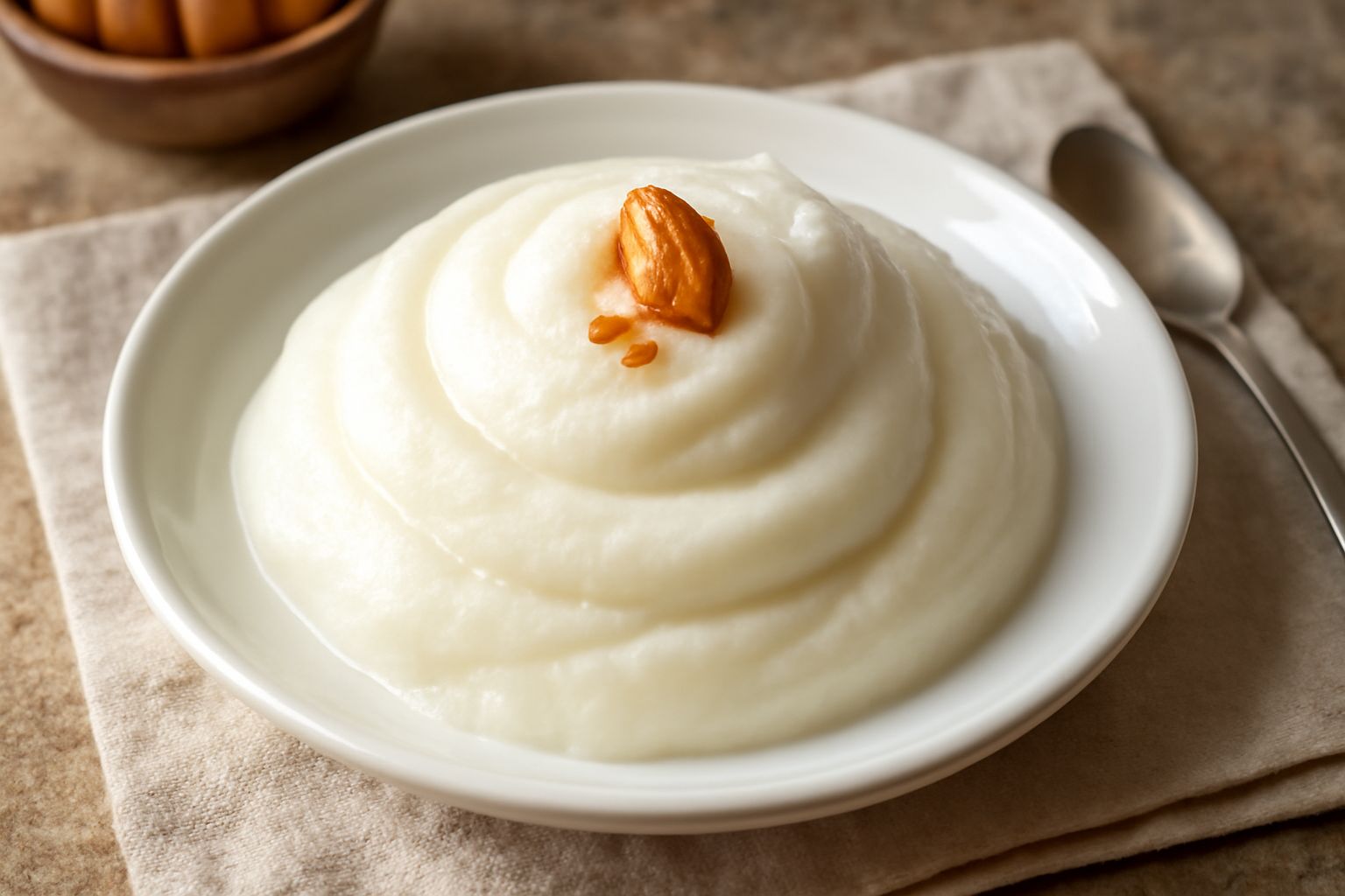 Coppetta trasparente con sorbetto di mandorla bianco-avorio, superficie liscia e cremosa, guarnito con una mandorla intera e foglia di menta verde, servito su piatto bianco con cucchiaio in legno.