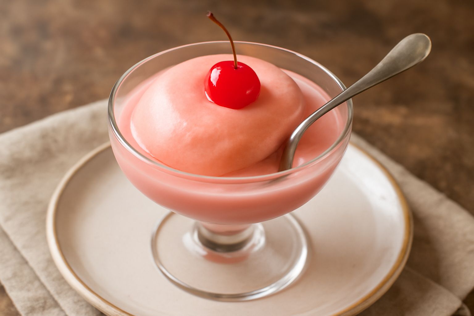 Sorbetto di maraschino in coppa di vetro trasparente, colore rosa pallido omogeneo, superficie liscia e compatta, guarnito con una ciliegia maraschino rossa in cima e cucchiaio da gelato accanto