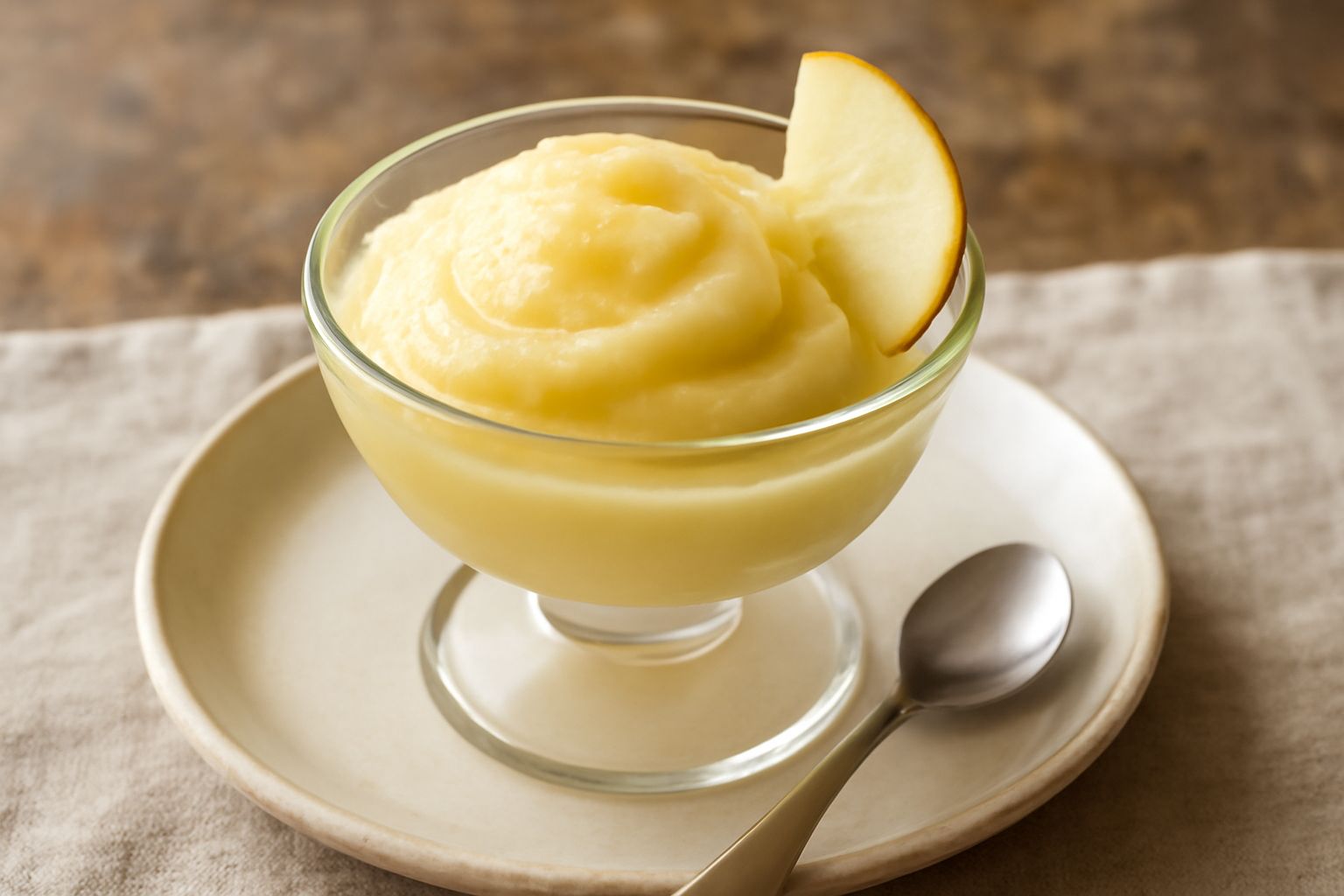 Sorbetto di mela renetta di colore giallo paglierino, servito in una coppetta di vetro, superficie liscia e compatta, guarnito con una fetta sottile di mela renetta fresca e una foglia di menta verde