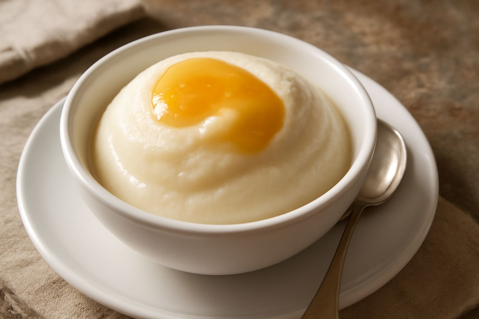 Sorbetto di melata color avorio panna in coppetta di vetro trasparente, tre cucchiaiate cremose, con tre fette di melata fresca posizionate sul bordo, sfondo bianco