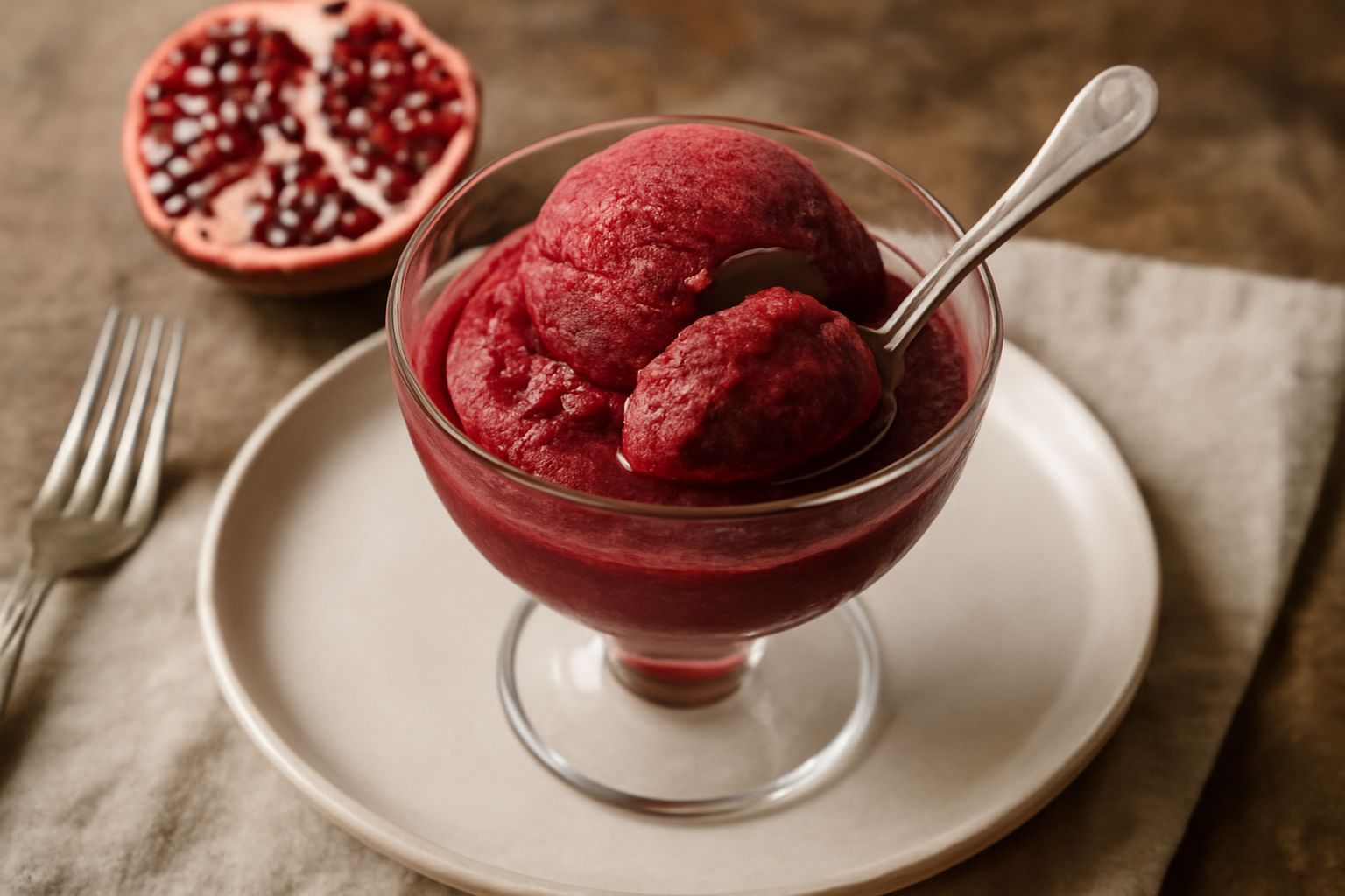 Sorbetto di melograno di colore rosso intenso e cremoso, servito in una coppetta di vetro trasparente, decorato con un chicco di melograno intero e una foglia di menta fresca