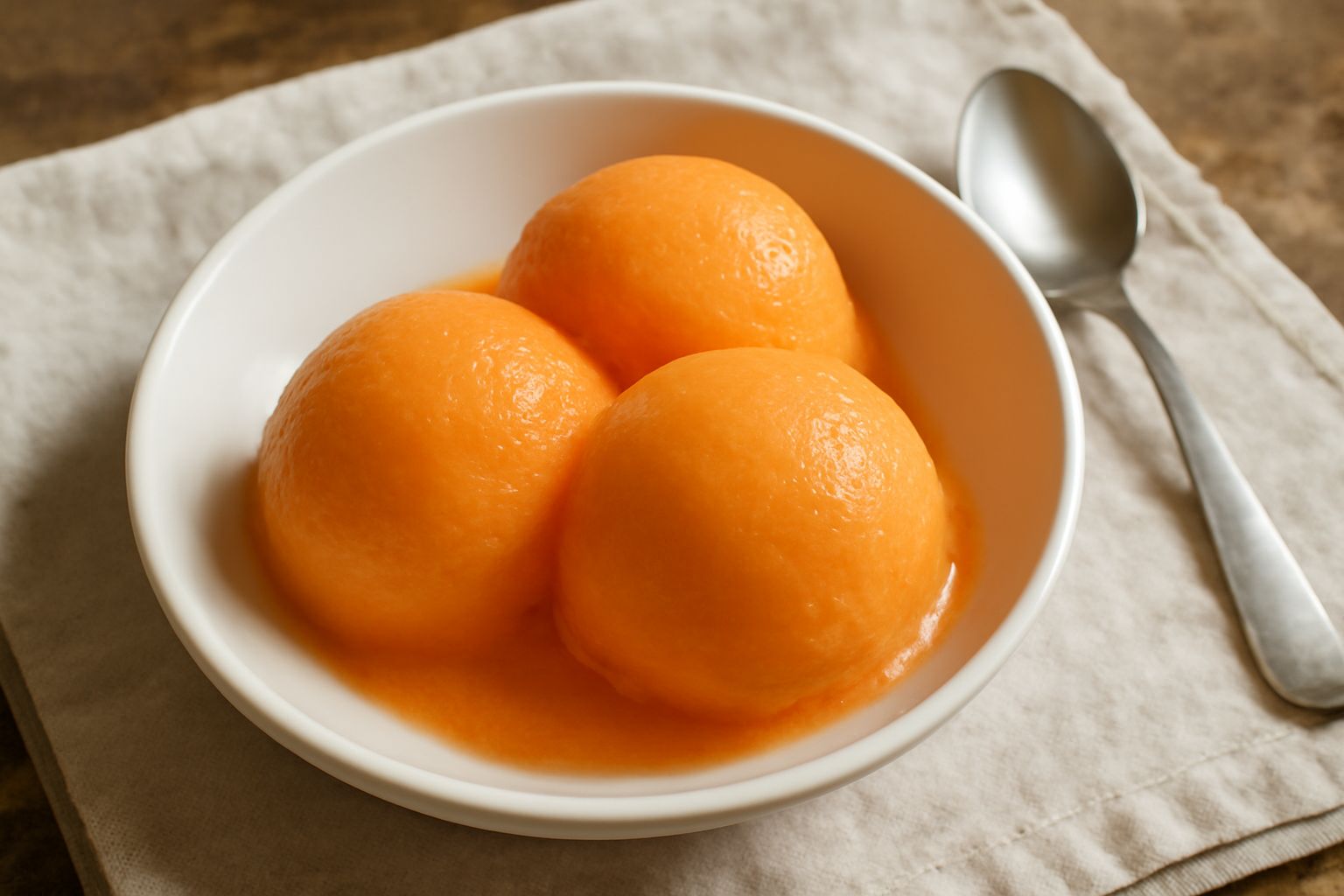 Sorbetto di melone color arancio-corallo servito in coppetta di vetro trasparente, con alcune palline ben definite, guarnito da foglie di menta verde fresca sulla parte superiore, su sfondo bianco