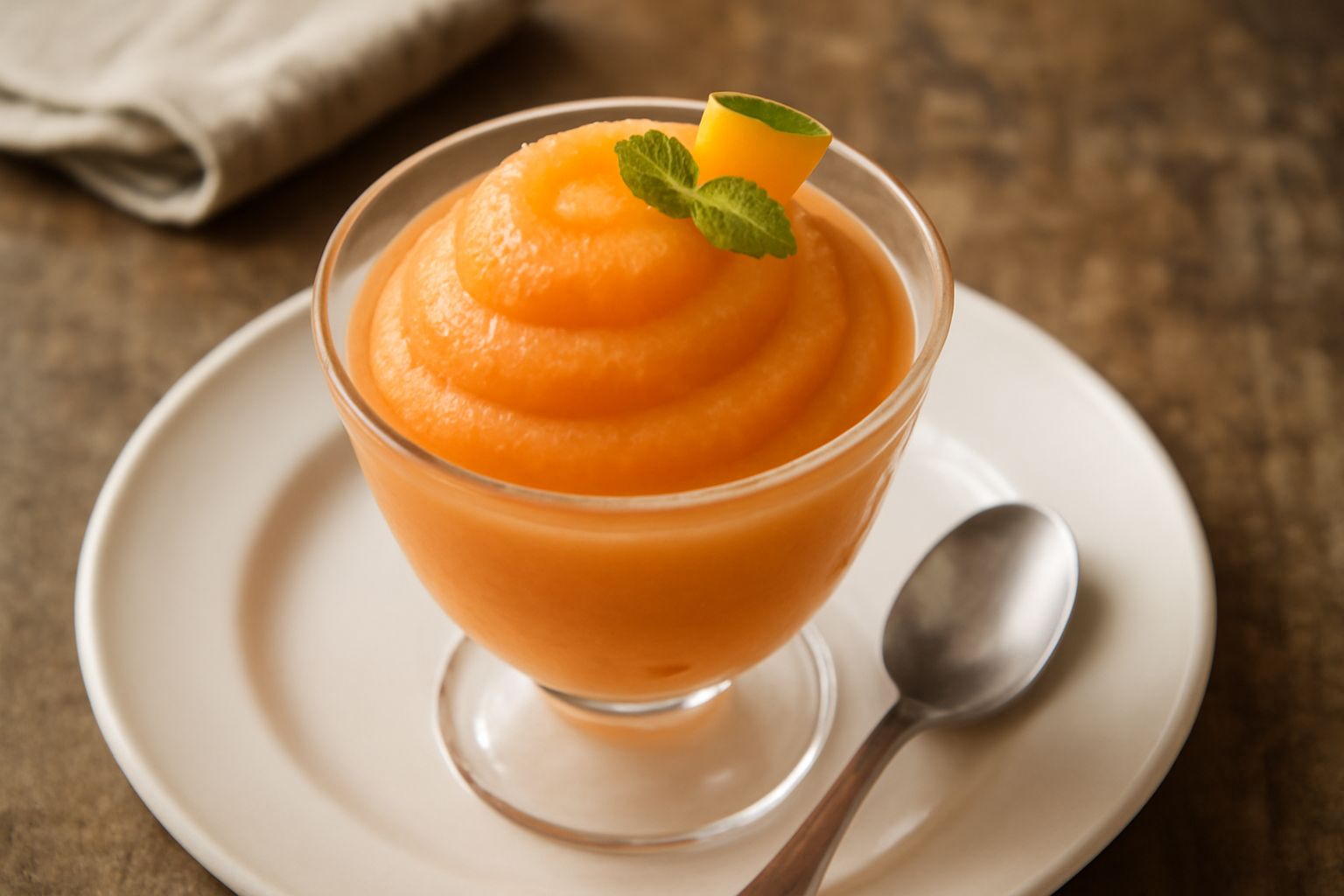 Sorbetto di melone color arancio intenso servito in una coppa di vetro trasparente, con una pallina liscia e compatta, guarnito con una foglia di menta fresca e un bastoncino di melone a fianco