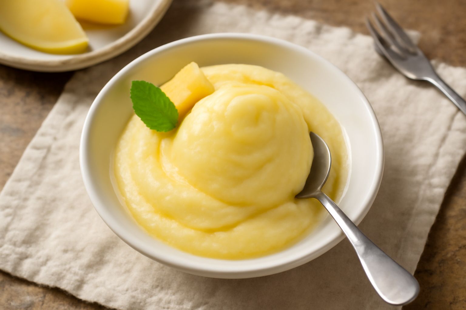 Sorbetto di melone giallo servito in una coppa di vetro con una pallina morbida, ornato con una fogliolina di menta fresca e pezzetti di melone giallo intorno al bordo