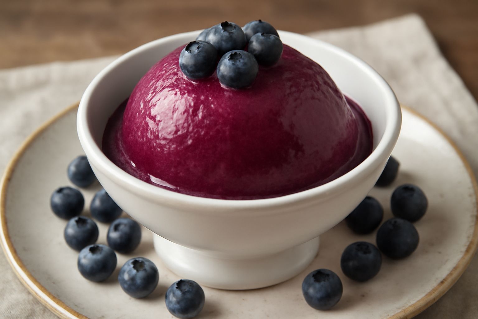 Coppetta di vetro trasparente con sorbetto di mirtillo di colore viola scuro, superficie liscia e cremosa, guarnito con tre mirtilli freschi rosso-viola sulla sommità, fondo bianco sfocato