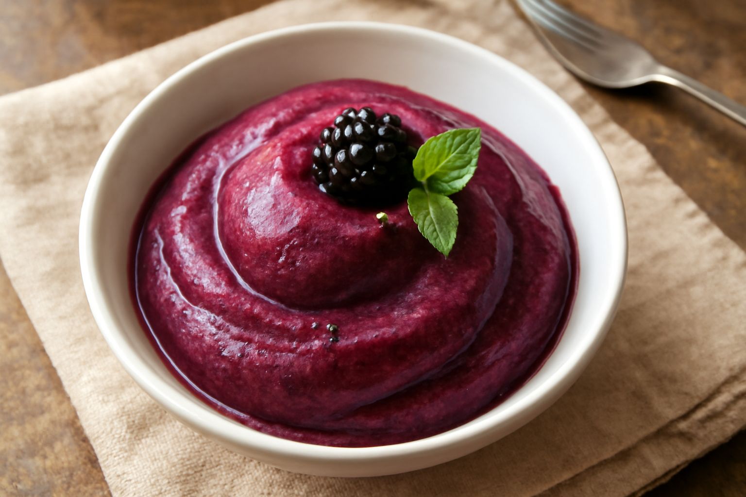 Coppetta di vetro con sorbetto di mora di colore porpora scuro, cremoso e lucido, guarnito con una mora fresca e una fogliolina di menta su sfondo bianco