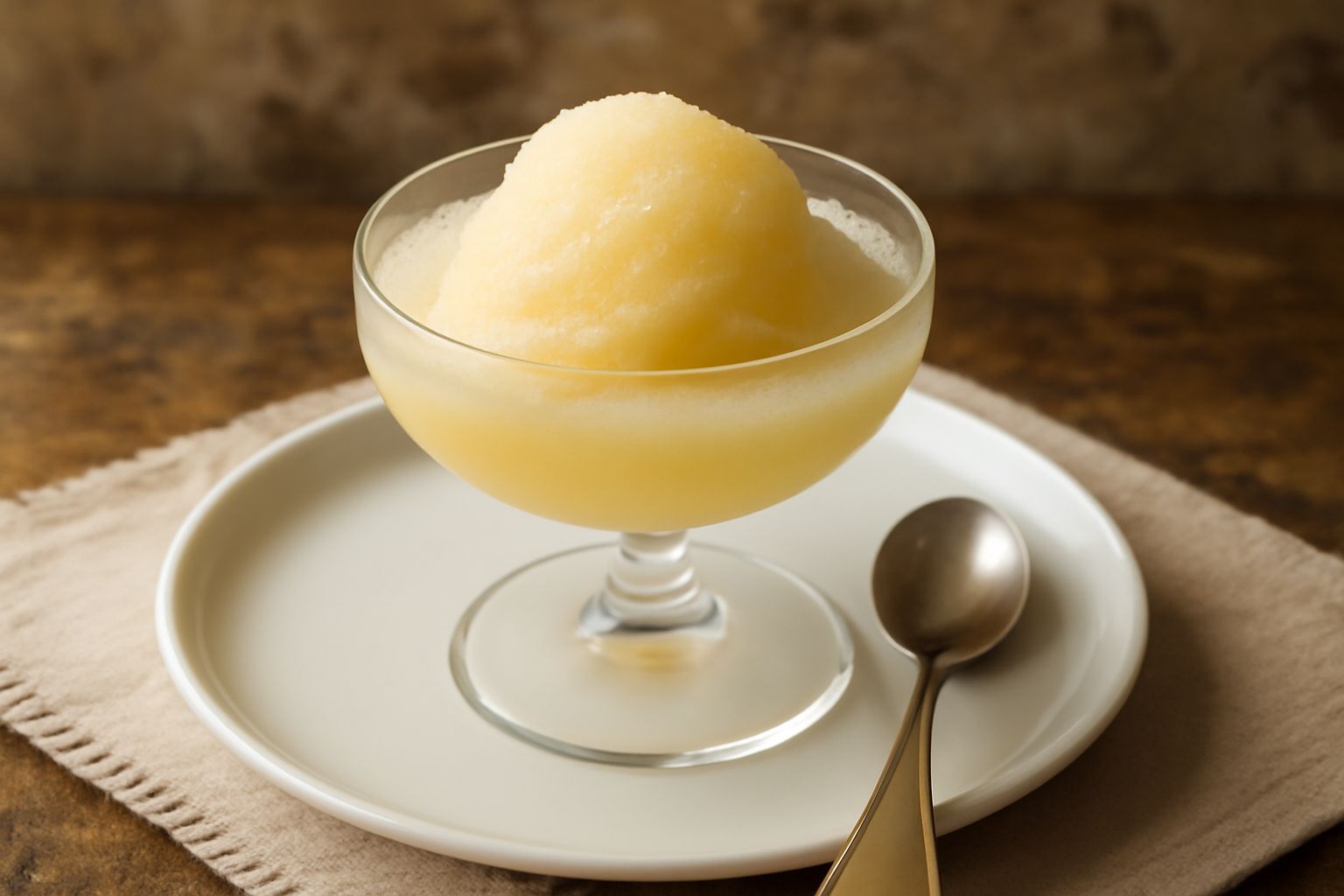 Sorbetto giallo paglierino servito in coppa di vetro trasparente, guarnito con una foglia di menta fresca e una bolla di schiuma di moscato, con sfondo sfocato di bottiglie di vino piemontese