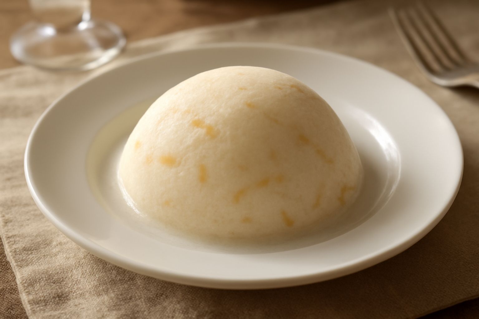 Sorbetto di mostarda cremonese di colore avorio con sfumature gialle, servito in coppa di vetro trasparente con piccoli pezzi di frutta candita visibili in superficie e una mini cucchiaiata di mostard