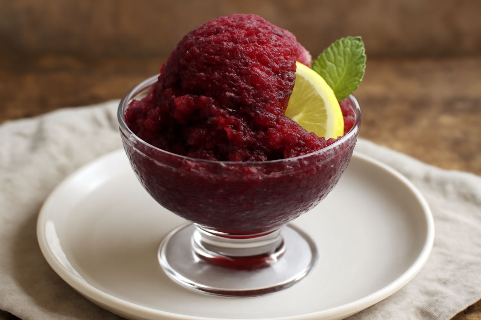 Sorbetto di nero d'avola servito in coppetta di vetro trasparente, colore rosso bordeaux scuro, superficie granulosa e cremosa, guarnito con una buccia di limone gialla e foglia di menta fresca, fondo