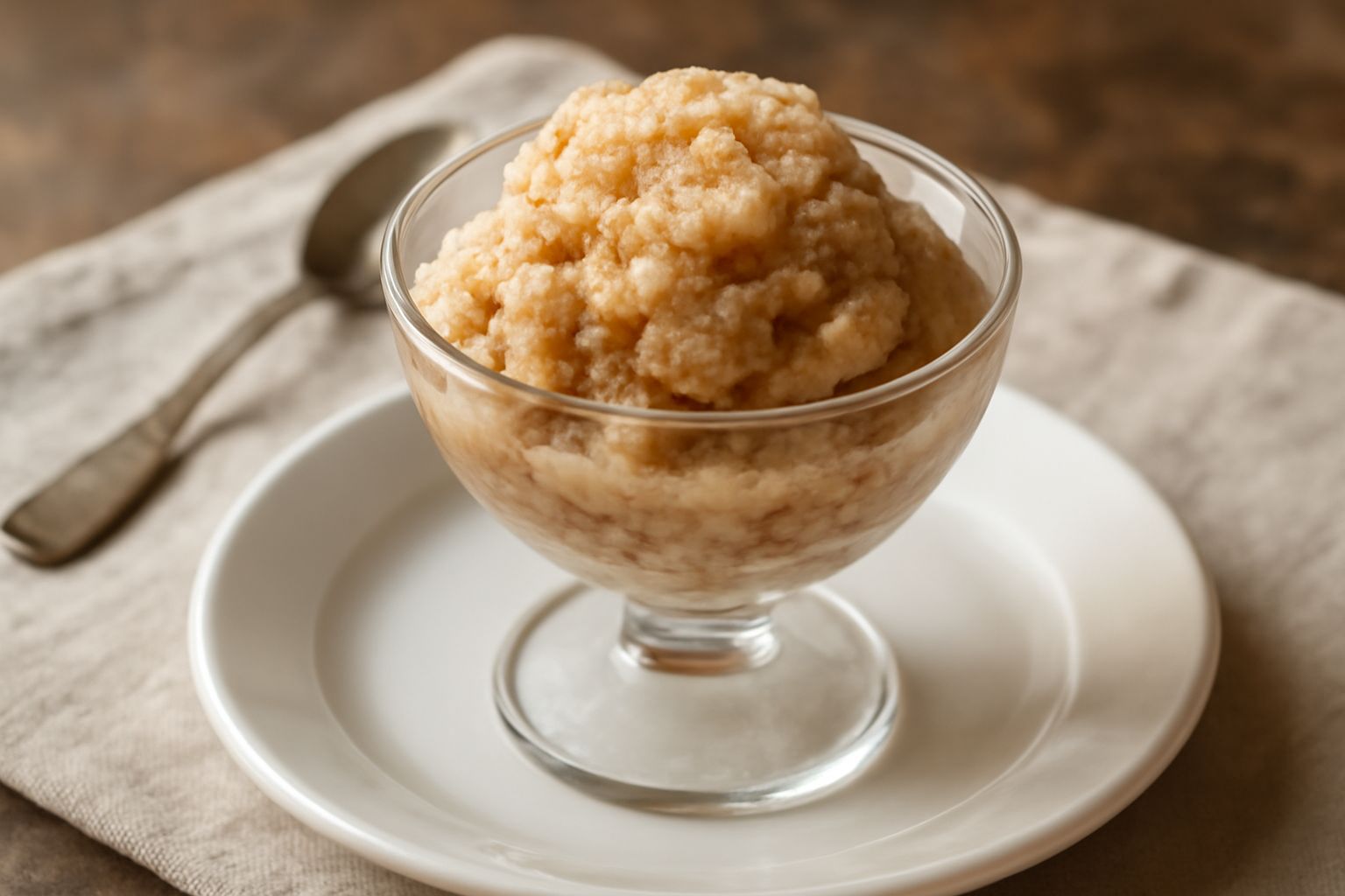 Sorbetto di pane e frutta servito in coppa di vetro, di colore beige chiaro con sfumature rosate dalla frutta, con granita visibile, garnito con uno stelo di menta fresca e una fragola