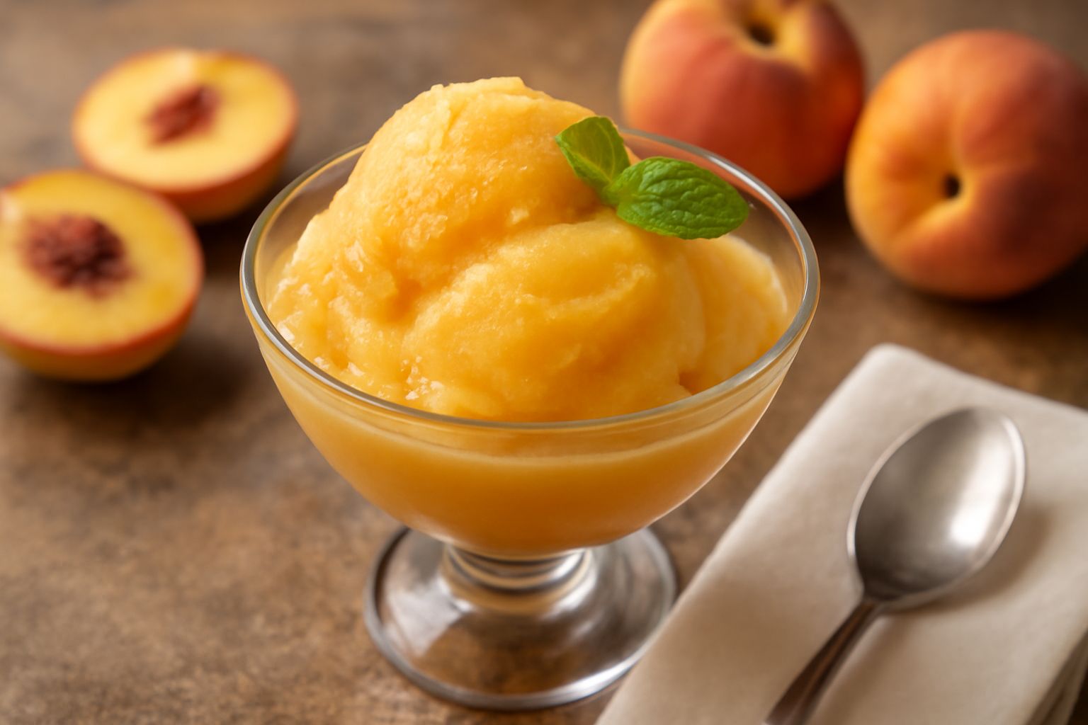 Sorbetto di pesche di colore giallo-arancio servito in una coppa di vetro trasparente, con una foglia di menta fresca sulla spalla, cucchiaio in acciaio, sfondo sfumato bianco e azzurro