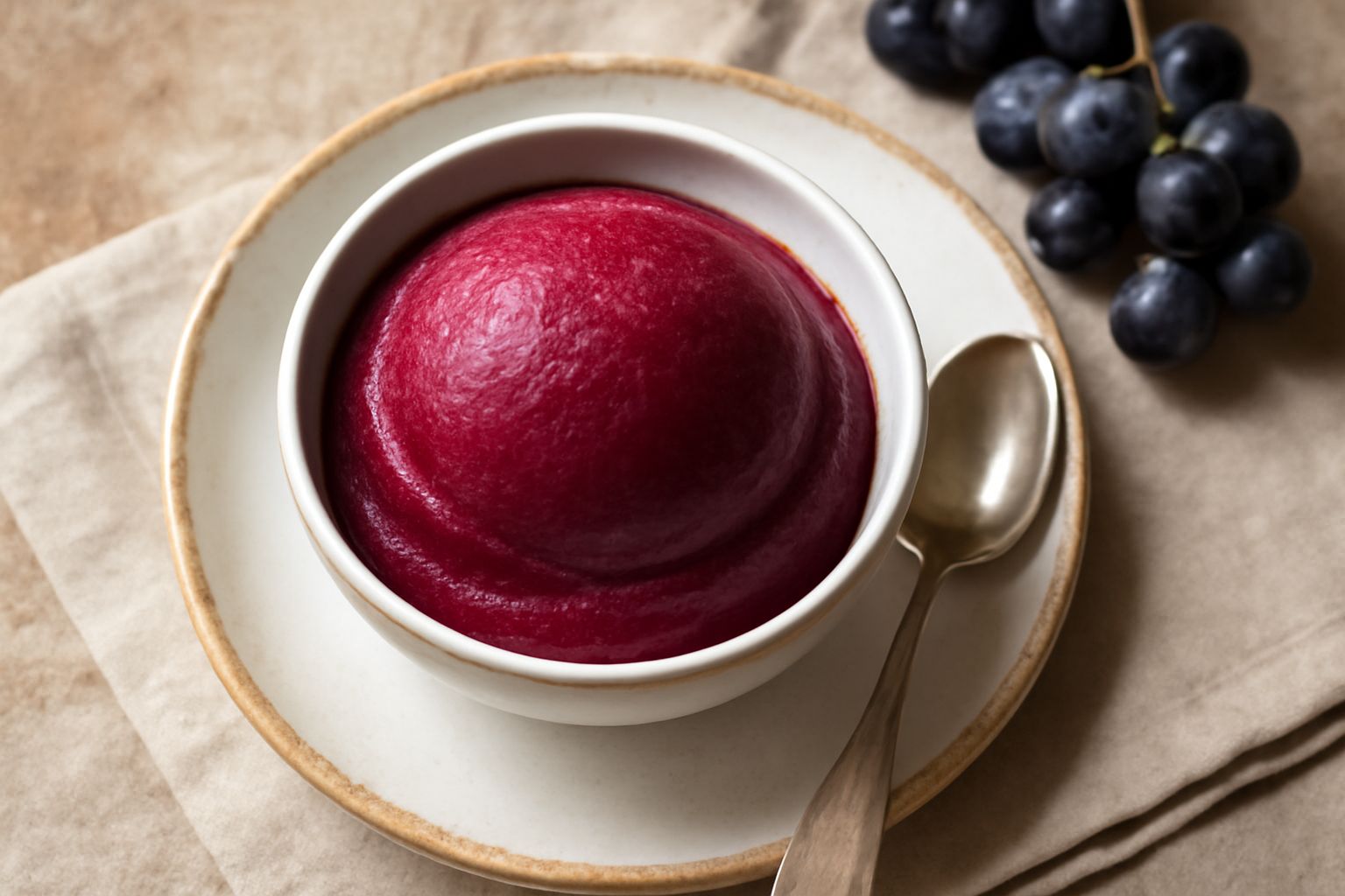 Sorbetto di uva color viola e rosso in una coppetta di vetro trasparente, servito con un cucchiaio, guarnito con acini d'uva fresca interi, su una tovaglia bianca di lino