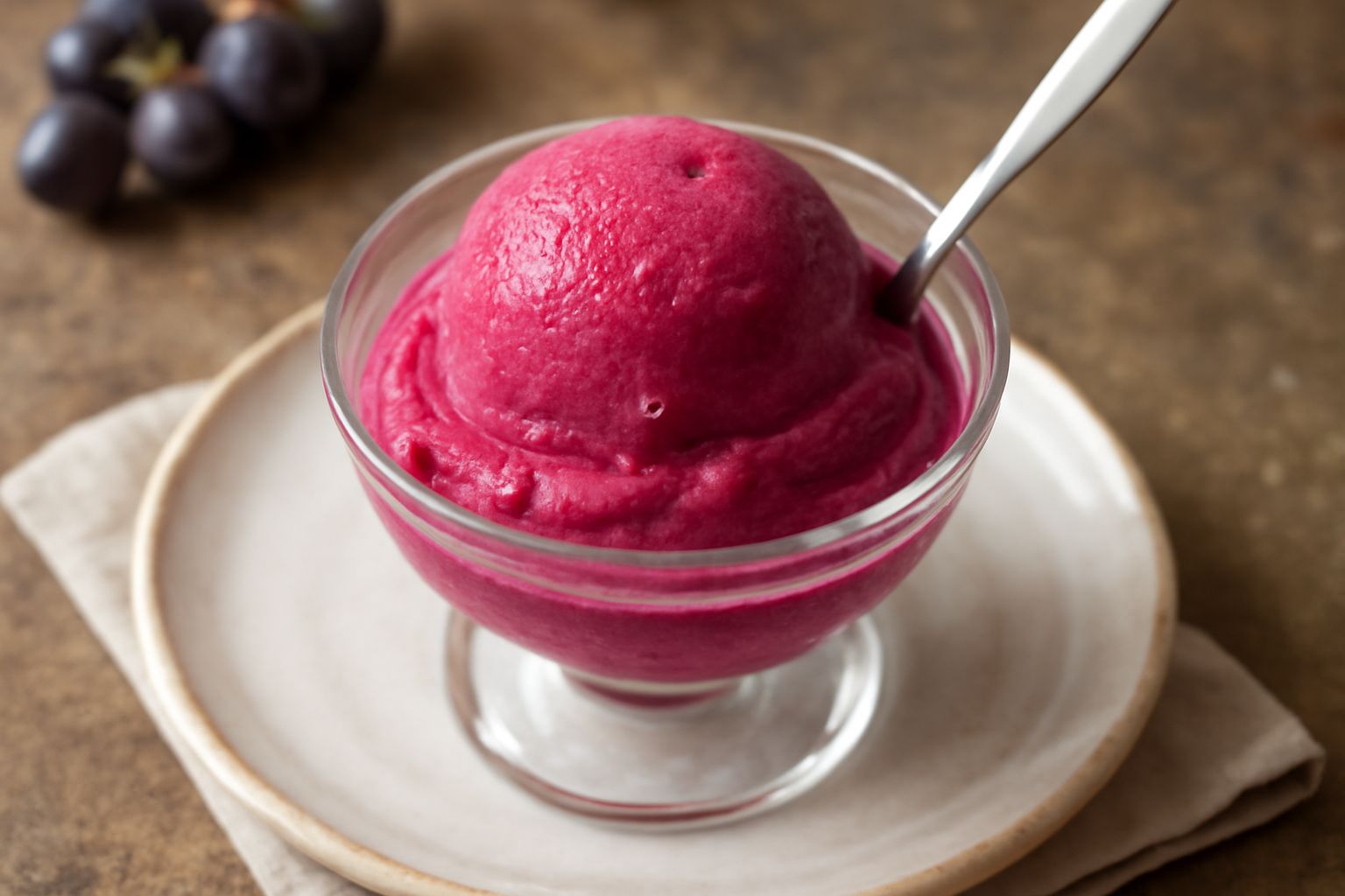 Sorbetto di uva fragola in coppetta di vetro trasparente, colore rosa-viola intenso, texture cremosa e densa, decorato con una foglia di menta fresca, cucchiaio piccolo in acciaio, sfondo bianco