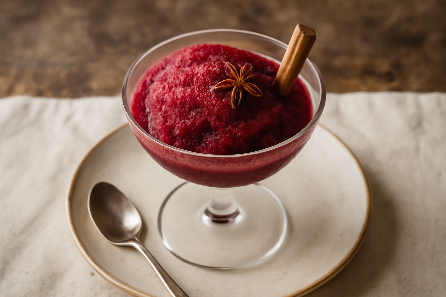 Sorbetto di vin brulé di colore rosso scuro con riflessi granita, servito in coppa di vetro trasparente, decorato con un bastoncino di cannella e una stella di anice, sfondo scuro sfumato