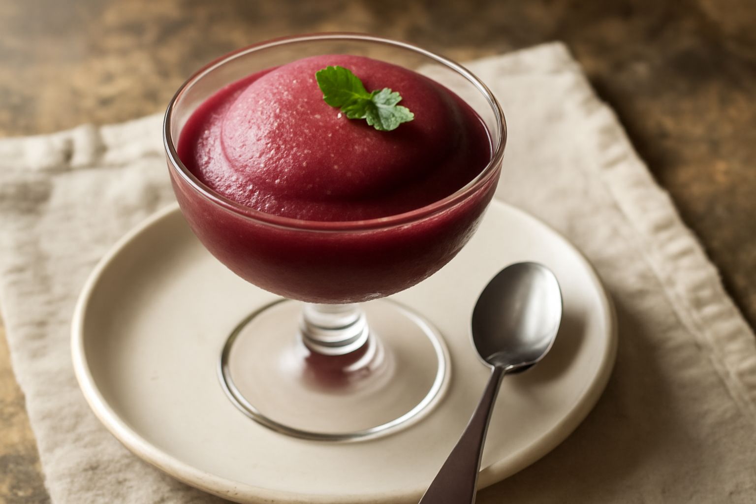 Coppetta di vetro con sorbetto di vino bianco color giallo paglia, superficie liscia e cremosa, guarnito con una fetta di limone e una fogliolina di menta fresca