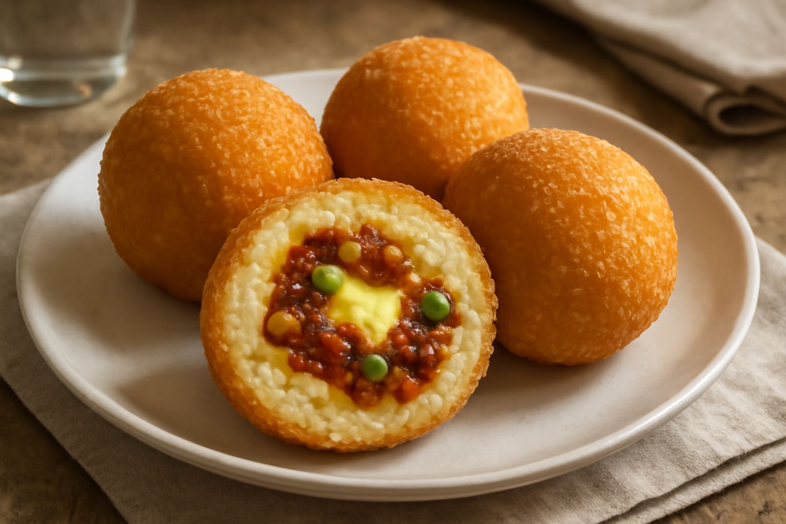 Tre arancini dorati disposti su un piatto bianco, interi e uno tagliato in due per mostrare il ripieno rosso di ragù e i piselli verdi all'interno