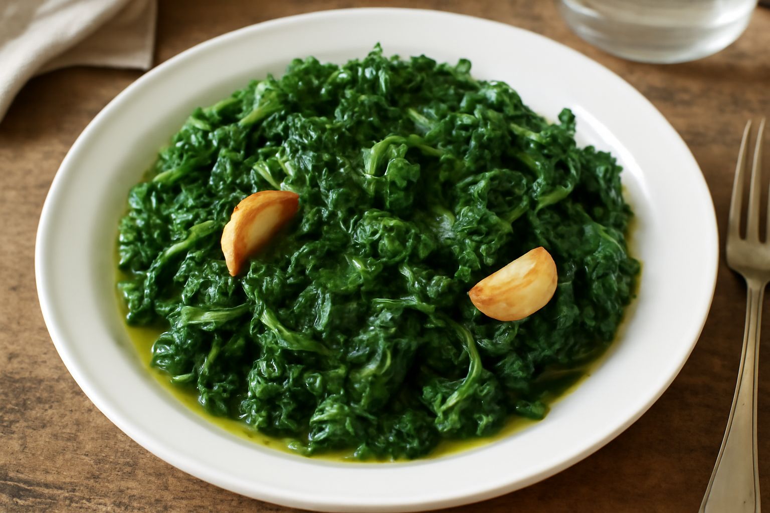 Corongones verdi e teneri in una padella di ferro, rosso d'aglio e olio d'oliva, ancora umidi di cottura, disposti in mucchio ordinato con prezzemolo fresco sopra