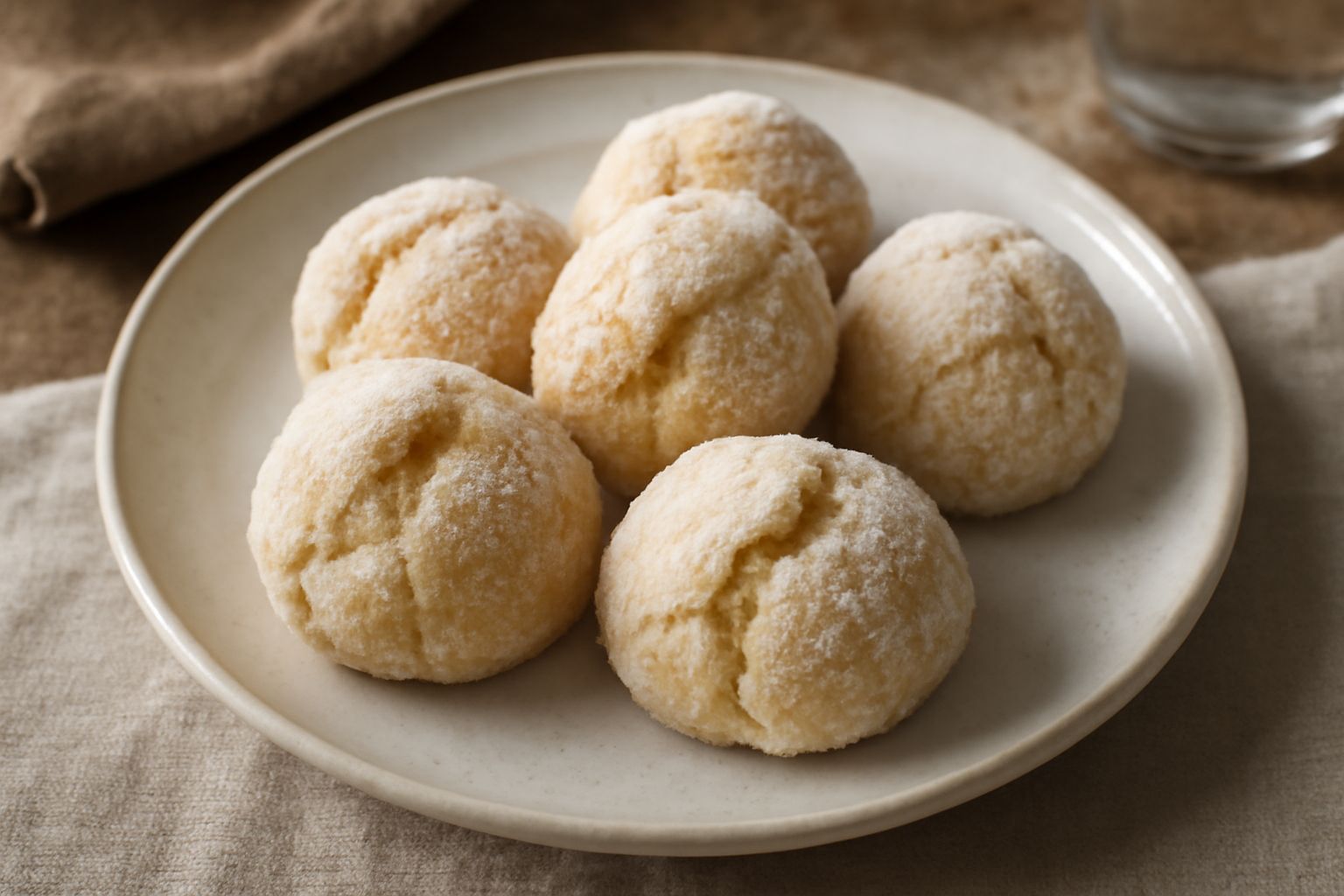Sospiri di monaca color avorio e dorato disposti in fila su un piatto bianco con sfondo naturale, biscotti piccoli e friabili ricoperti di zucchero semolato