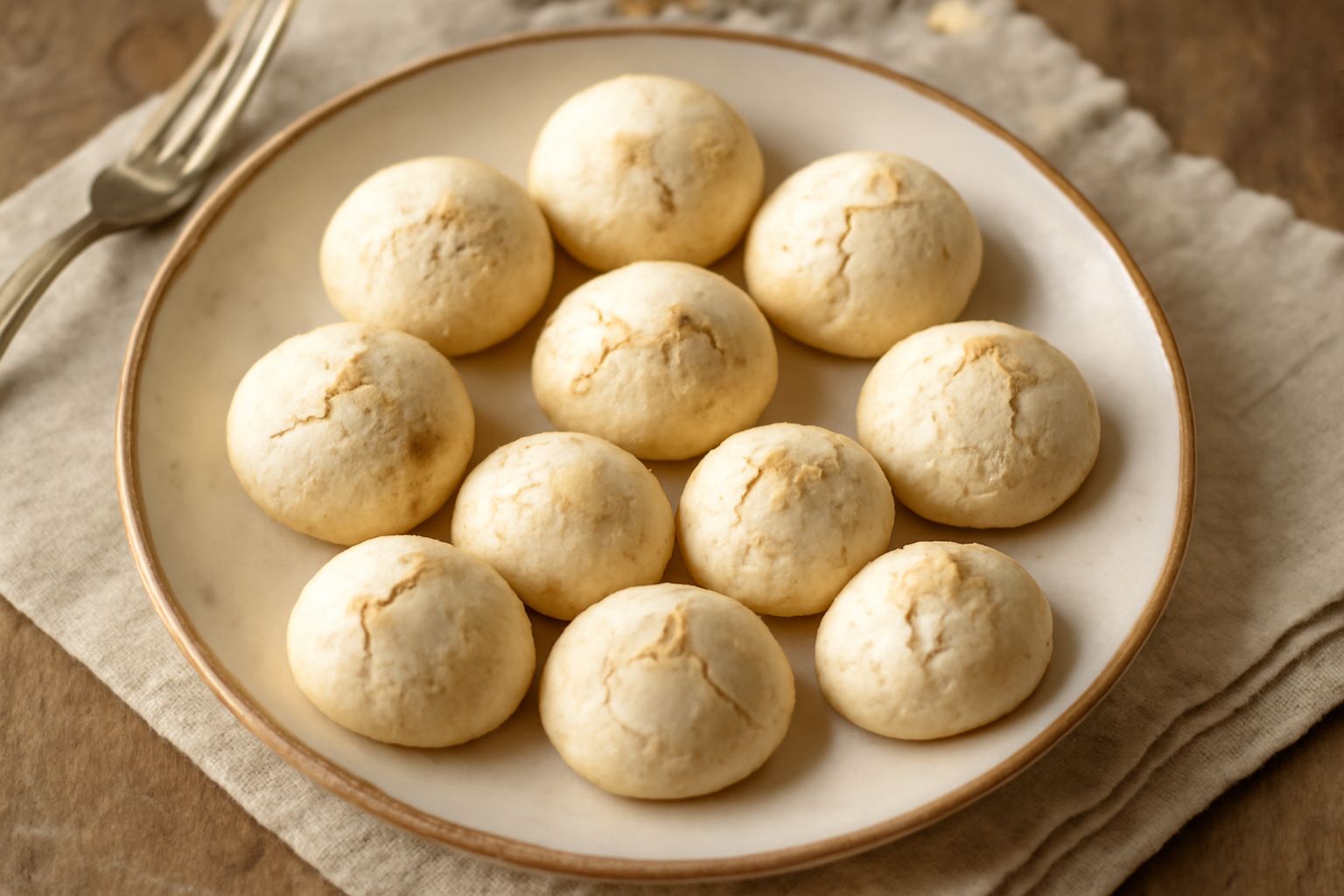 Sospiri reggini dorati e friabili disposti su un piatto bianco, con superficie leggera e leggermente craquelée, accompagnati da mandorle intere e pezzetti di pistacchio
