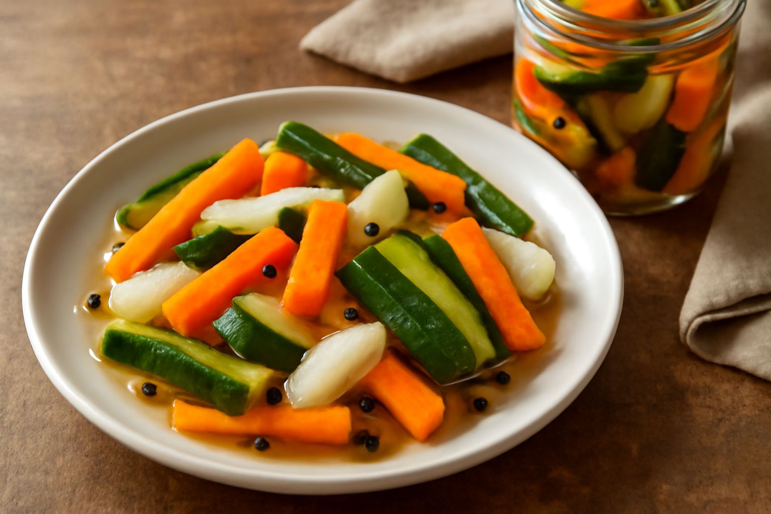 Vasetto di vetro con sottaceti variopinti: zucchine verdi, carote arancioni e cipolla bianca immerse in liquido trasparente con grani di pepe nero e foglie di alloro visibili