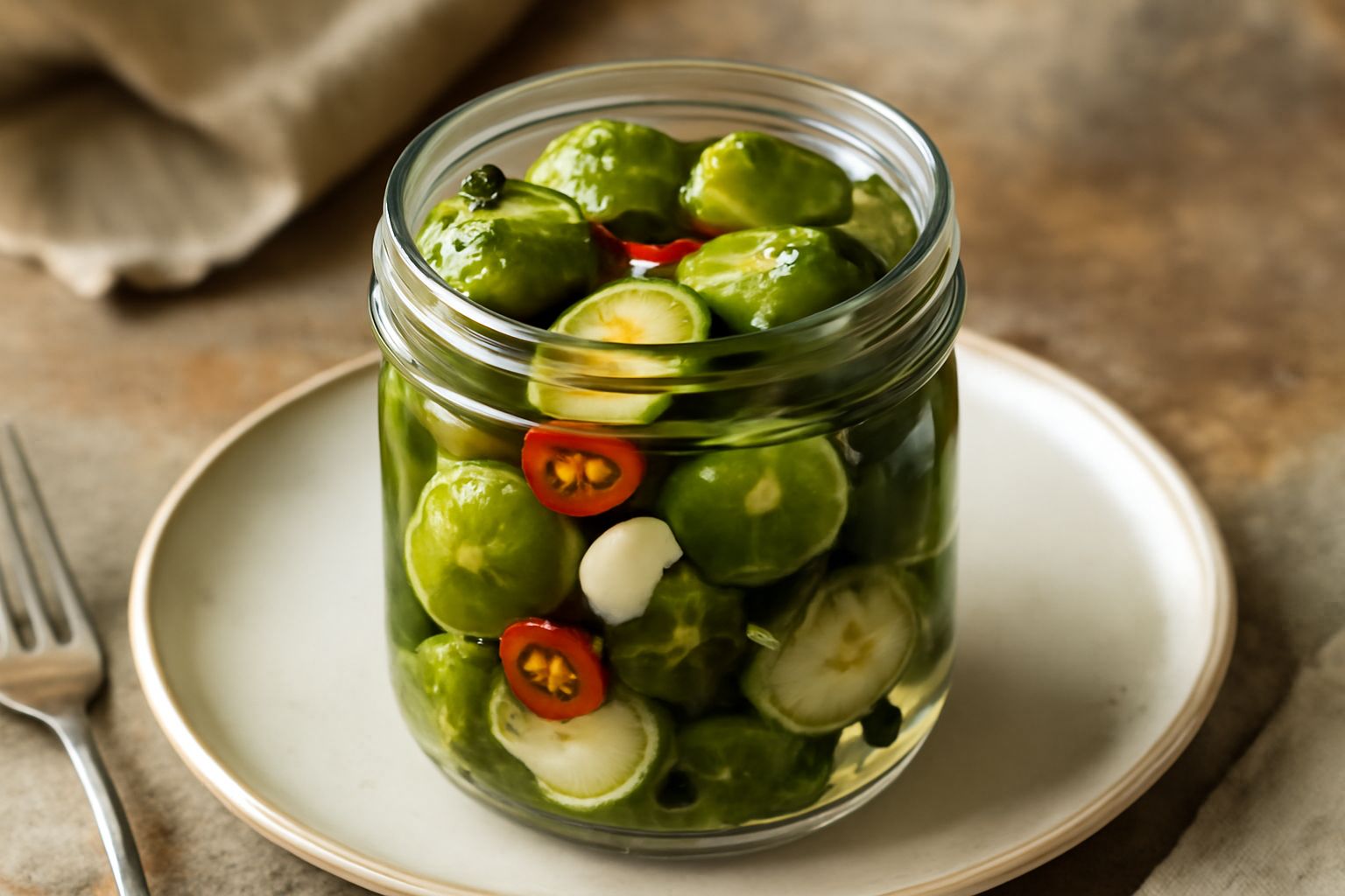 Vasetto di vetro con sottaceti di cavolini di Bruxelles interi e spezzati, di colore verde scuro, immersi in liquido trasparente con chiodi di garofano e peperoncini, con etichetta di carta beige sull